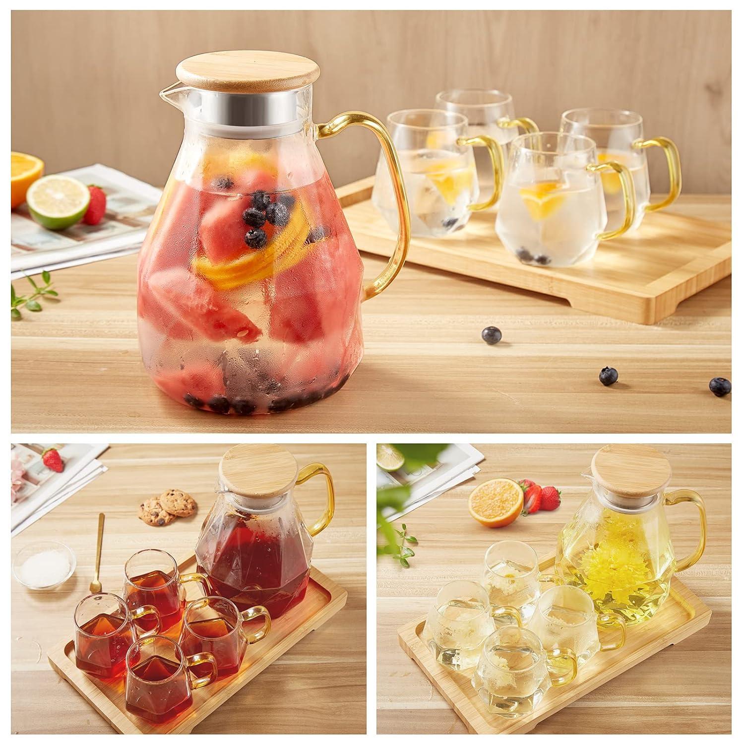 DUJUST Glass Pitcher Set (68 oz) with 4 Cups & 1 Tray, Elegant Diamond Design Water Pitcher with Handle, Durable Glass Jug for Fridge, Glass Carafe for Iced Tea/Juice/Beverage/Coffee/Drinks