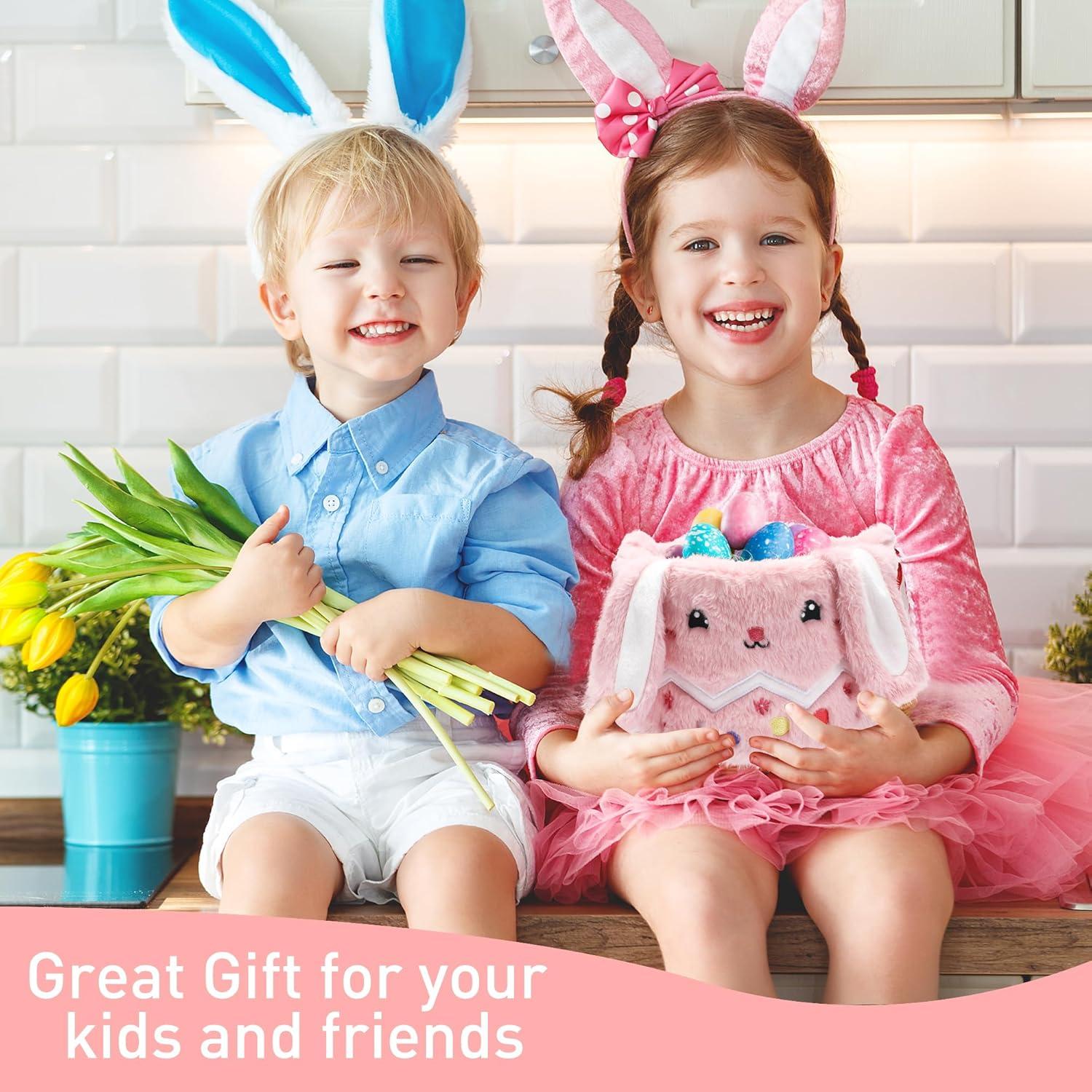 Easter Bunny Tote Bag, Cute Fuzzy Rabbit Ears Soft Plush Candy Handle Bag Eggs Basket Gift Bag for Kids Holiday Decorations