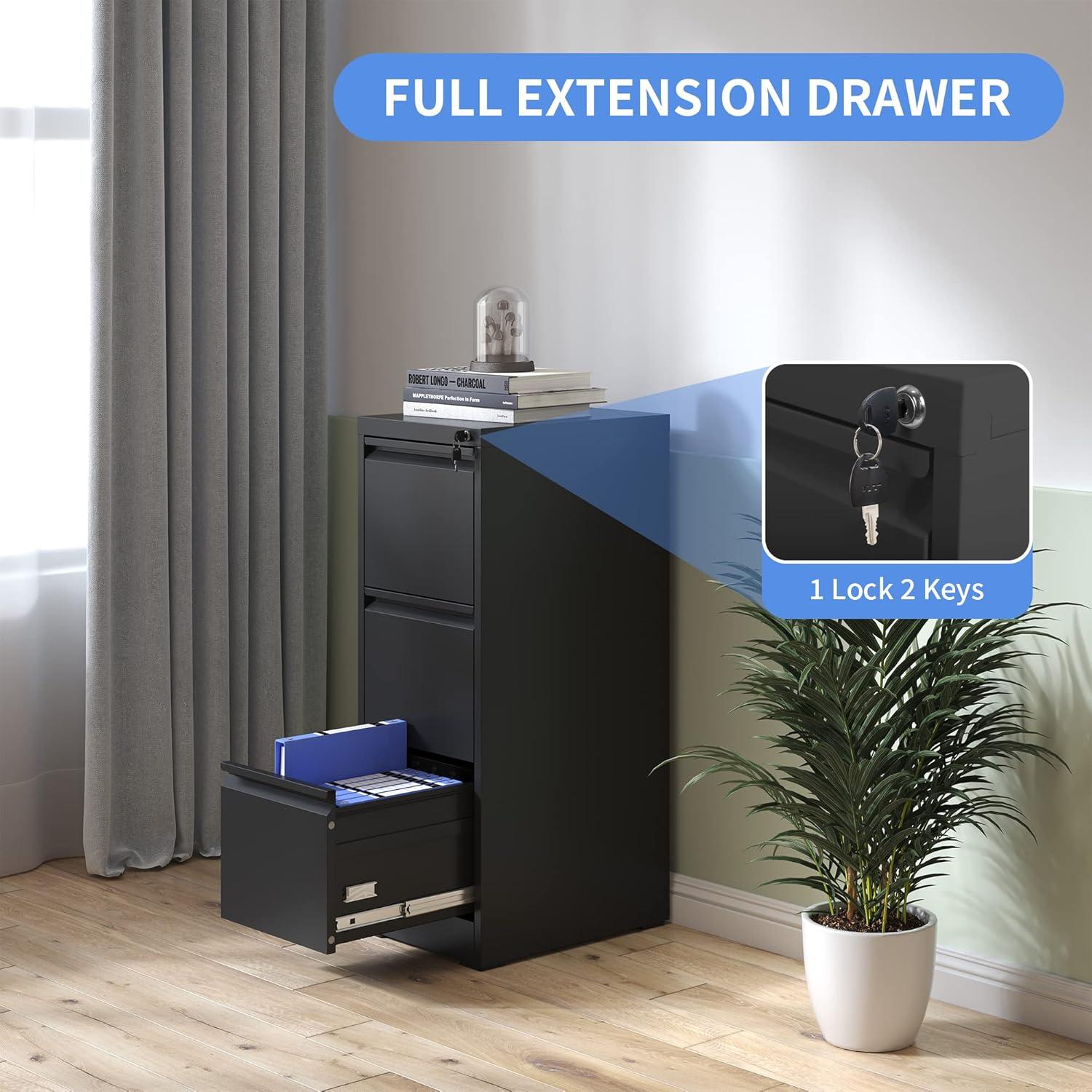 3 Drawer File Cabinet with Lock Metal Vertical File Cabinet Office Home Narrow File Cabinet for A4 Legal/Letter Size,Assembly Required (Black, 3 Drawers-Vertical)