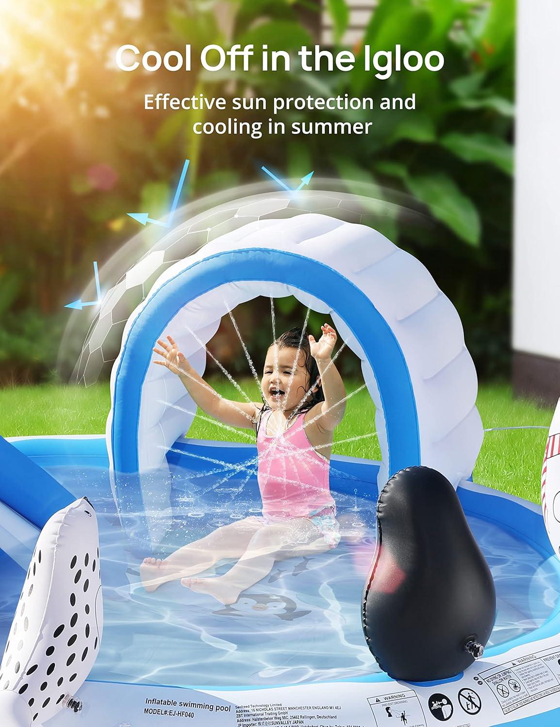 Blue Inflatable Kiddie Pool with Slide and Sprinkler