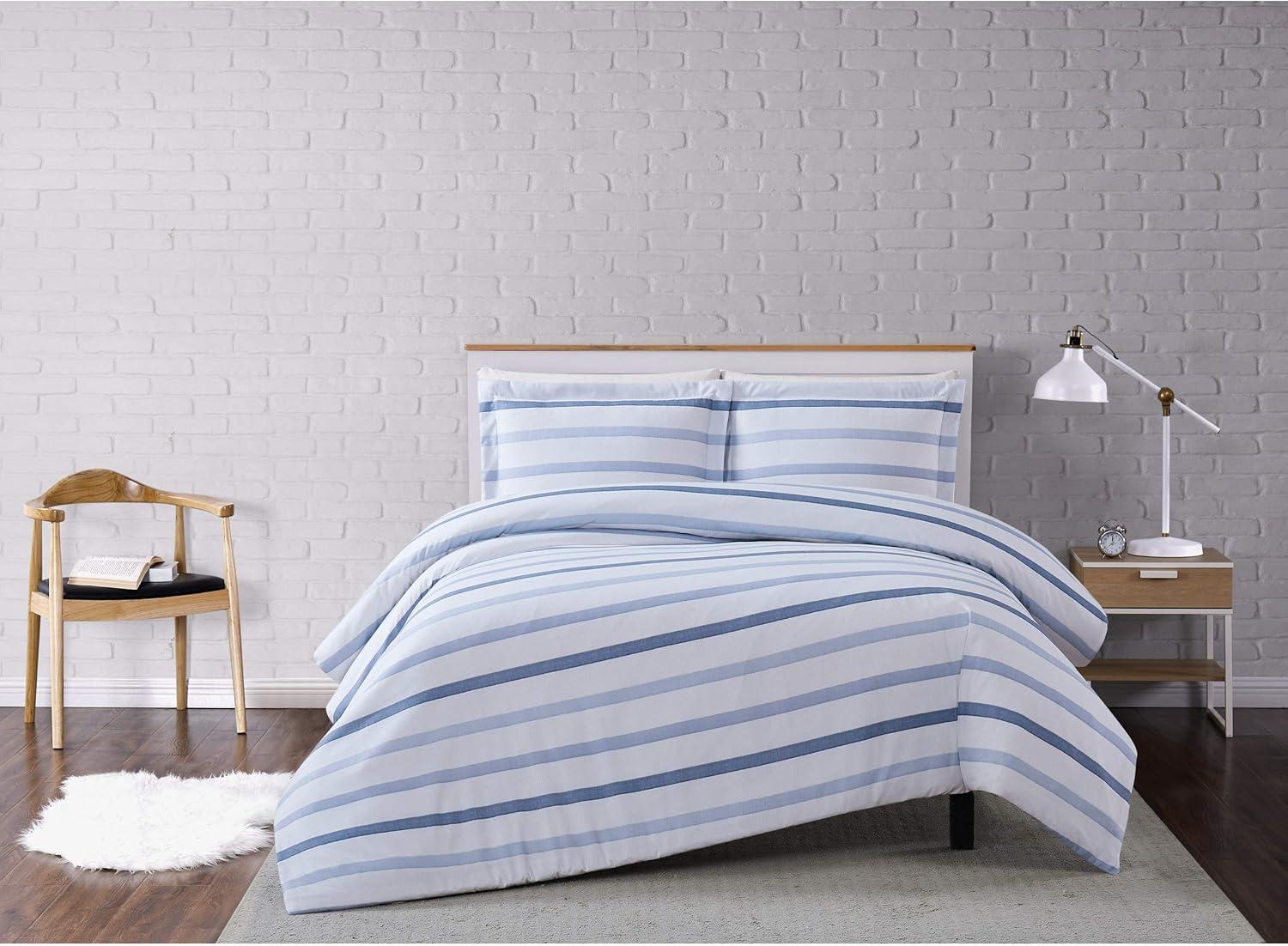 Twin XL Blue and White Waffle Stripe Duvet Cover Set