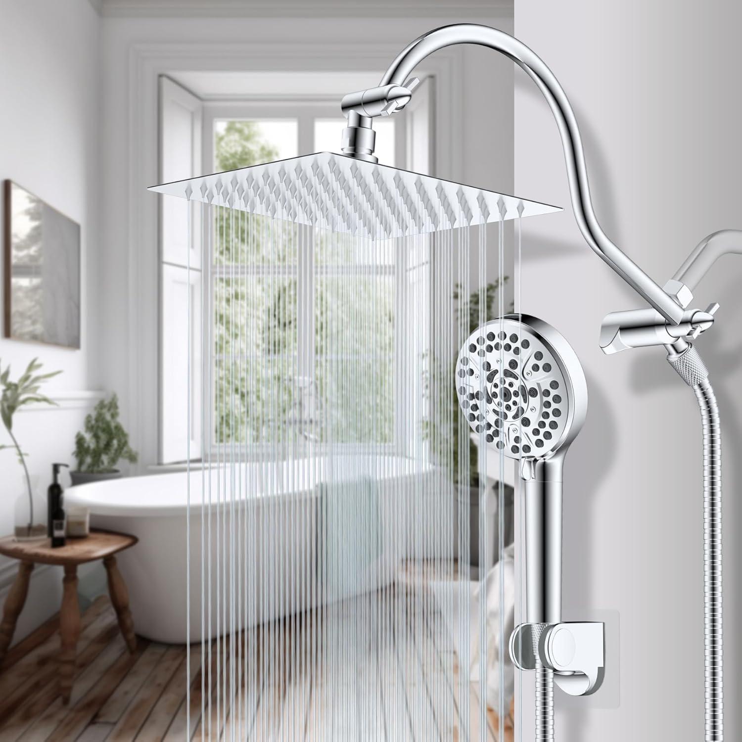 Hibbent Dual Shower Head Combo with Metal 8 Inch High Pressure Rainfall Shower Head  and Handheld Shower SCW01-HS070-SS080-CP