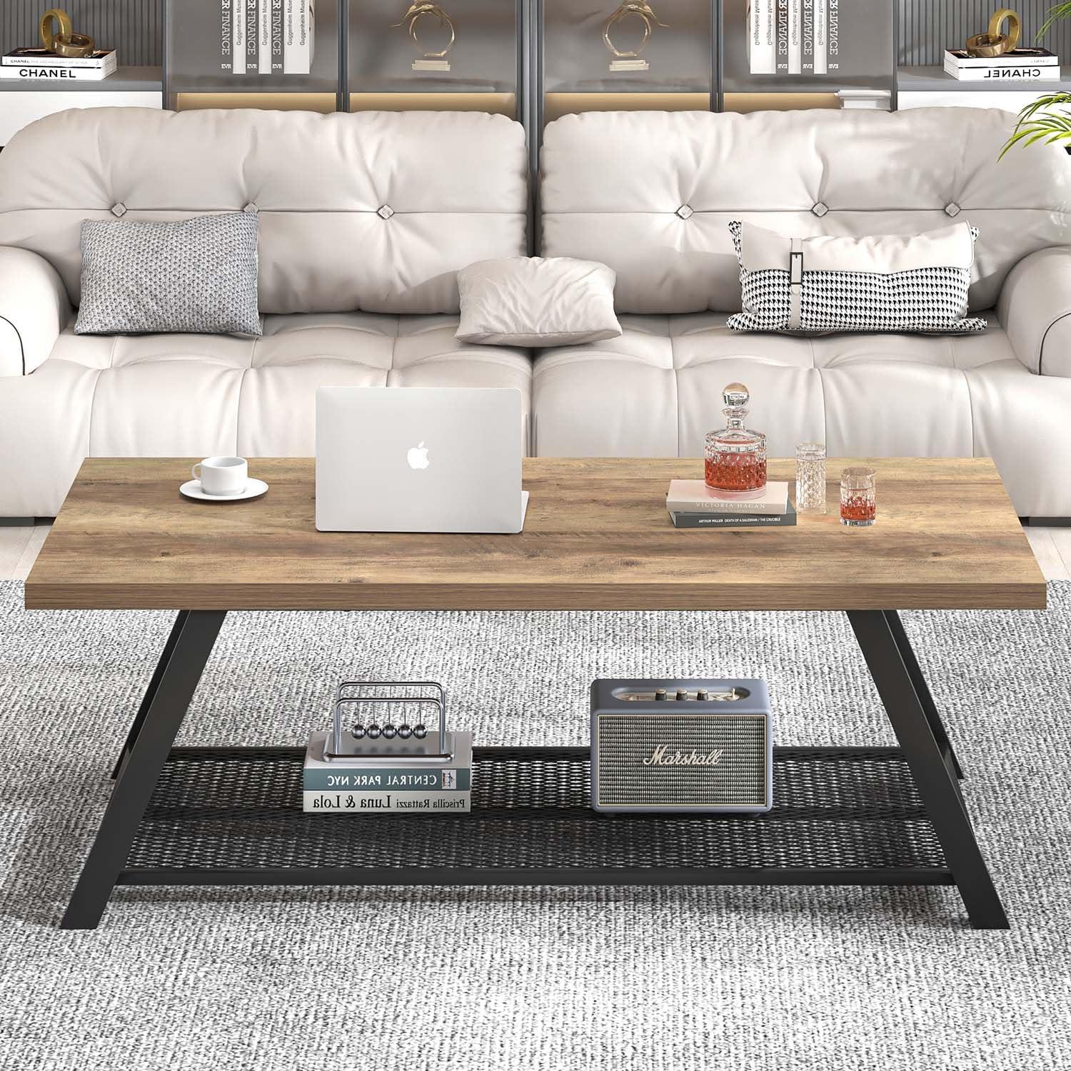 FOLUBAN Coffee Table, Modern Rustic Wood and Metal Center Table with Storage, Industrial Cocktail Tea Table for Living Room, Oak, 47 Inch