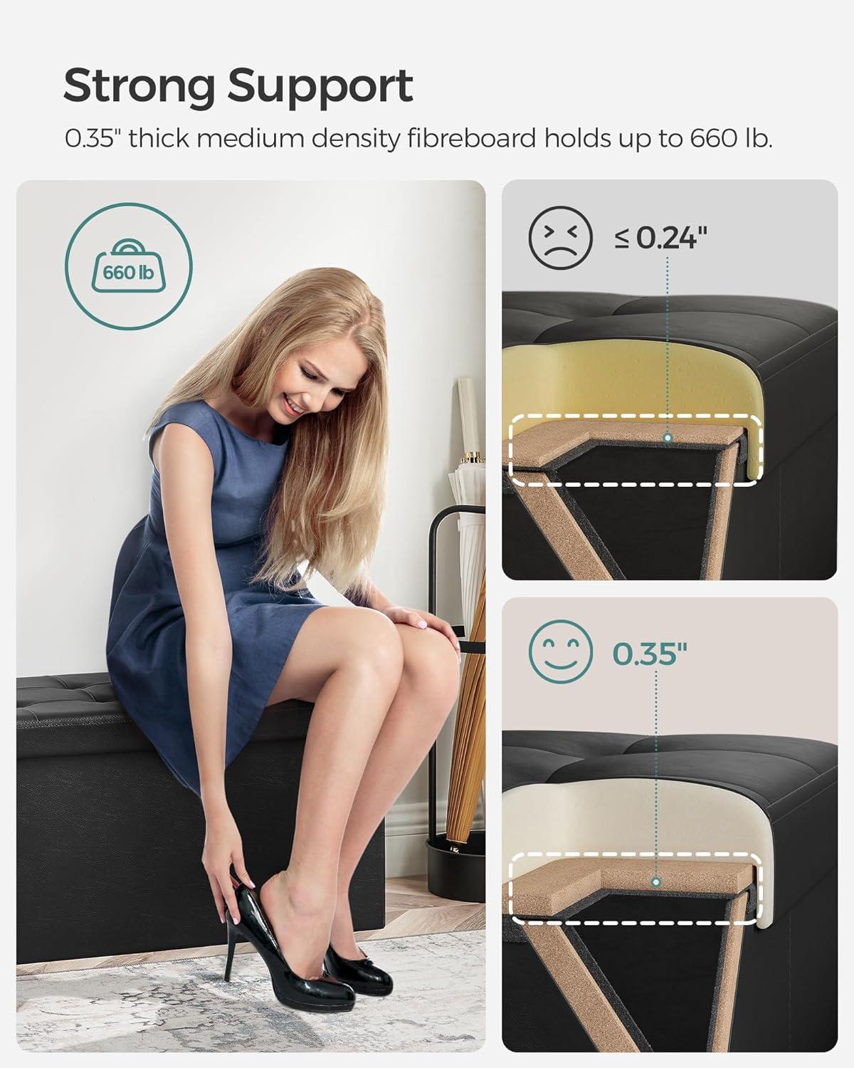 SONGMICS 43" Folding Storage Ottoman Bench Leather Ottoman Storage Footrest Hold up to 660lb Black