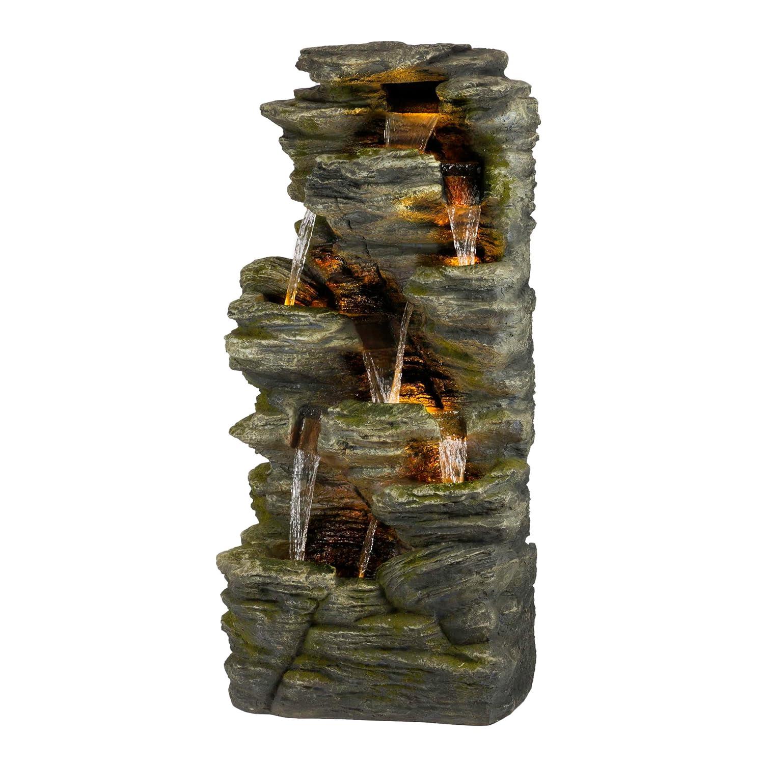 51" Resin Rock Cascading Fountain with LED Lights Gray - Alpine Corporation: Waterfall Feature, Birdbath