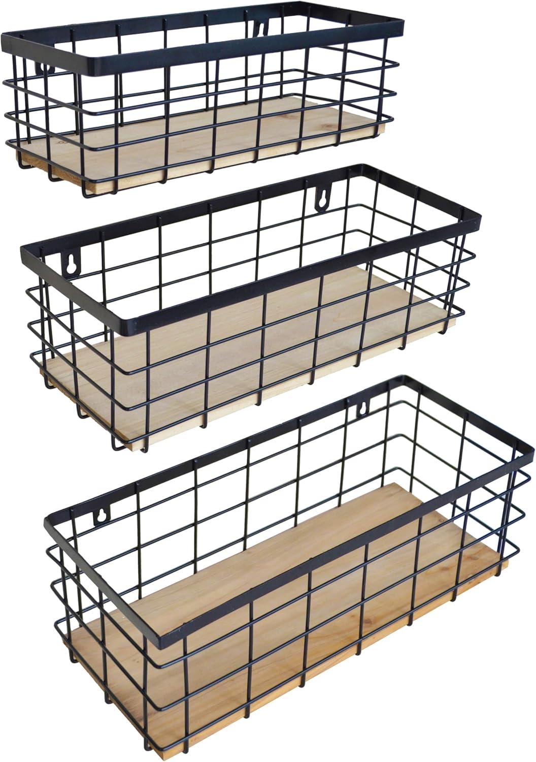 Metal Wire Basket Detachable Wood Base Storage Organizer Farmhouse Small Bins for Kitchen Cabinets, Bathroom, Pantry, Laundry Room, Closets Set of 2,Black Color