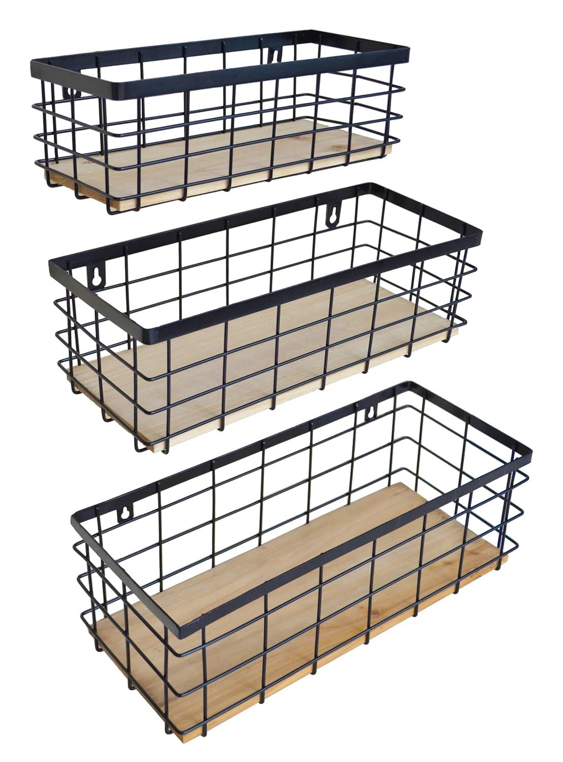 Metal Wire Basket Detachable Wood Base Storage Organizer Farmhouse Small Bins for Kitchen Cabinets, Bathroom, Pantry, Laundry Room, Closets Set of 2,Black Color