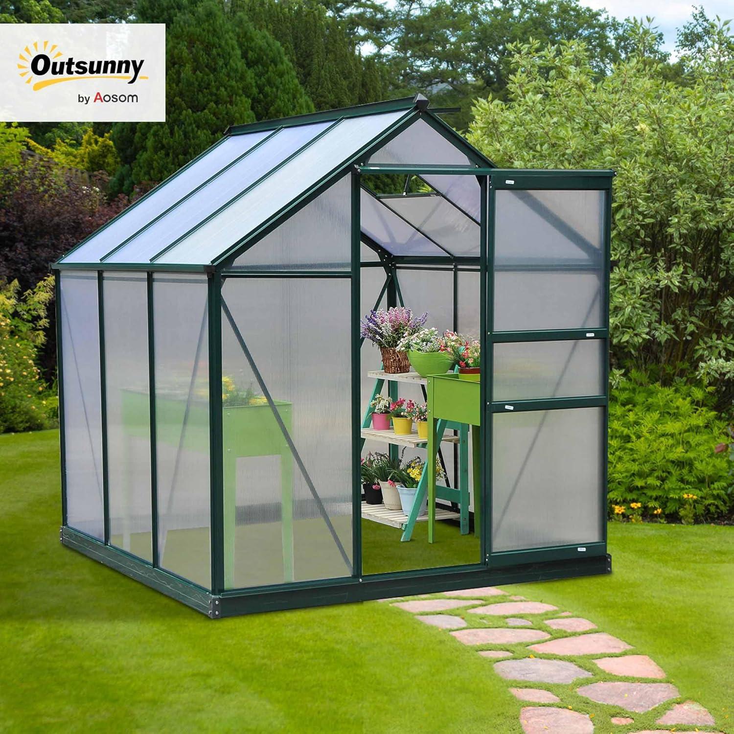 Outsunny 6' x 4' Greenhouse for Outdoors, Polycarbonate Greenhouse with Rain Gutter and Roof Vent, Aluminum Walk-in Green Houses for Outside for Patio Backyard Garden, Dark Green