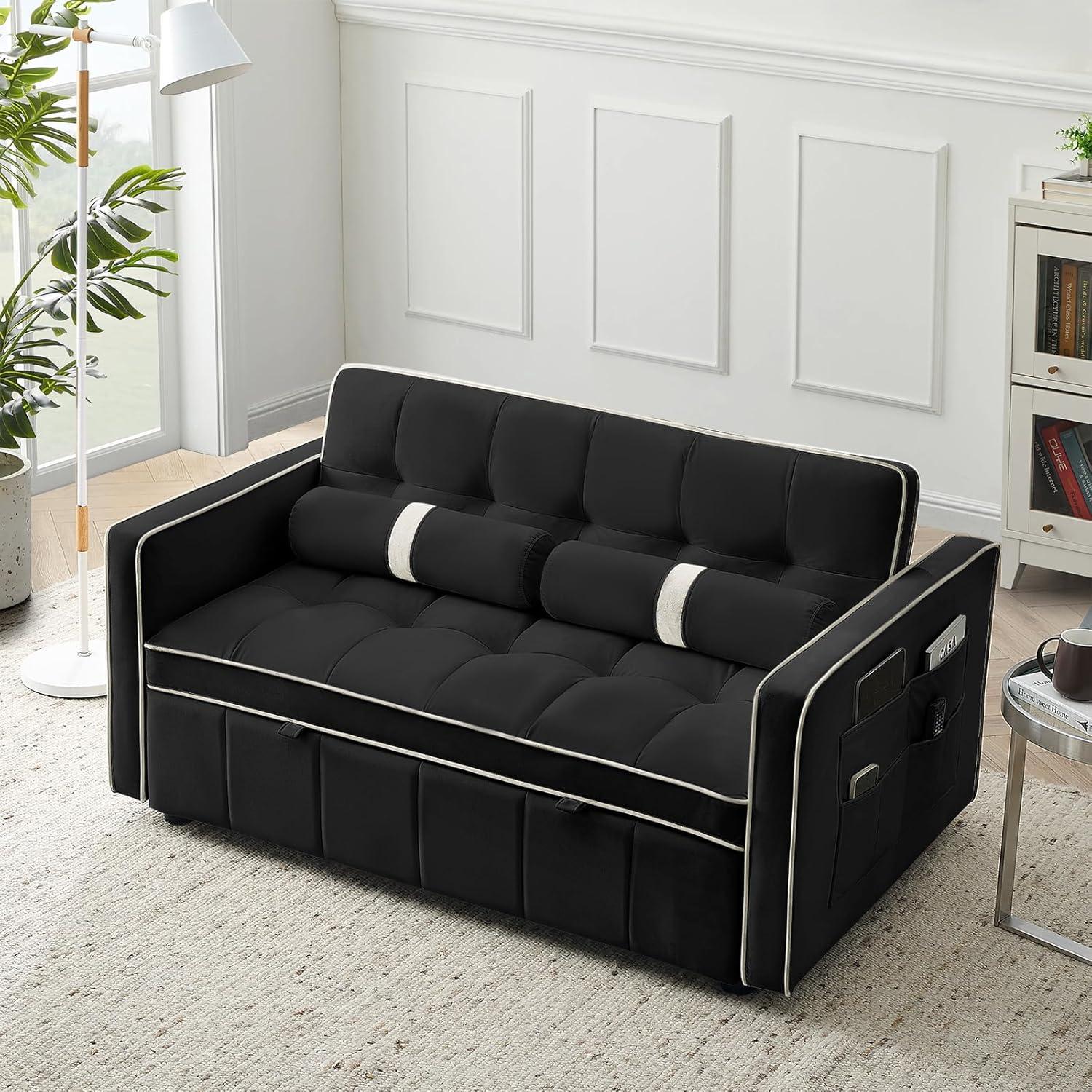 3 in 1 Convertible Sleeper Sofa Bed,55" Modern Velvet Sofa Couch Bed with 2 Lumbar Pillows and Adjsutable Backrest,2 Seater Loveseats Sofa for Apartment Office Living Room,Black