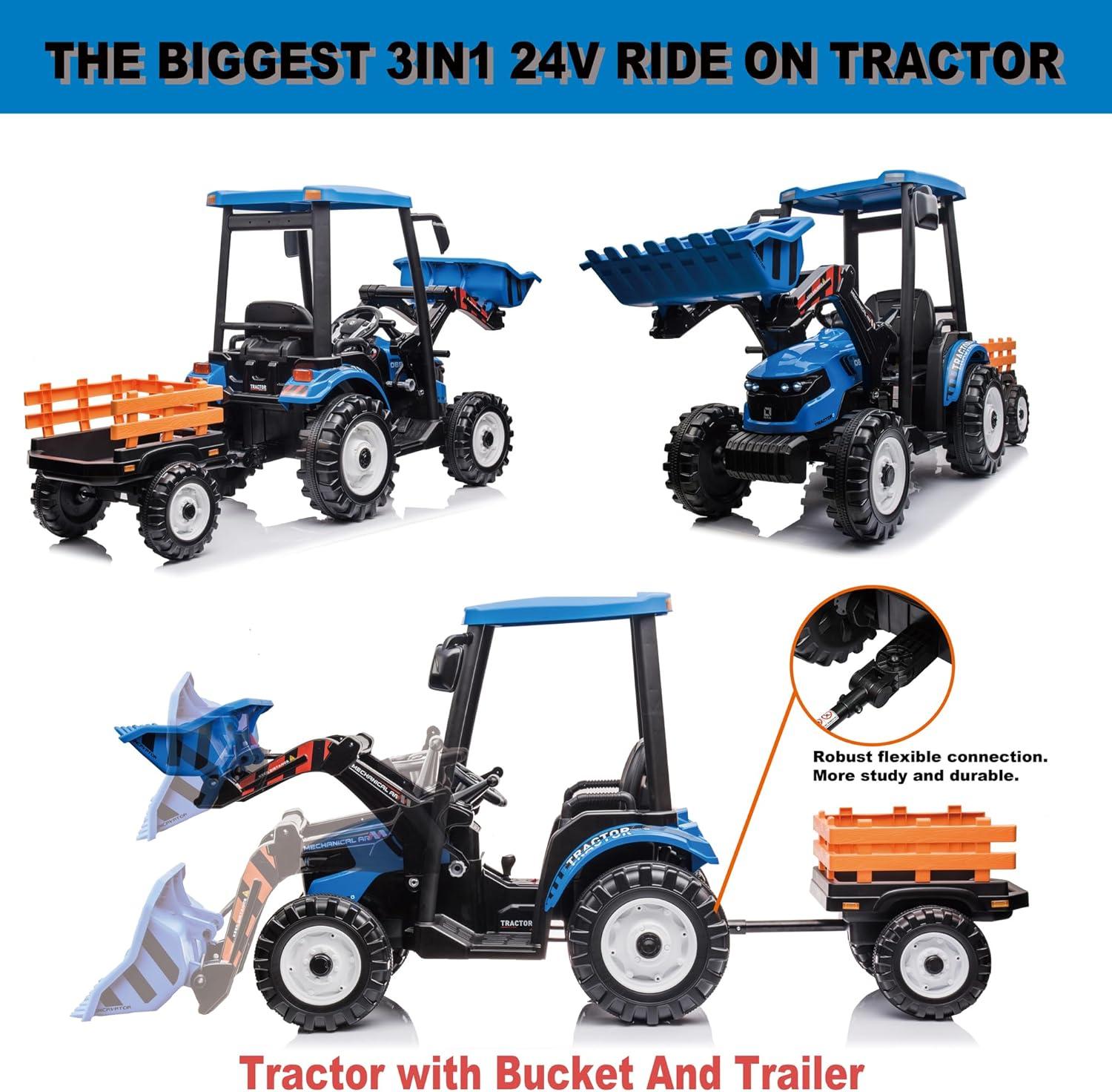 24V Kids Ride On Tractor w/Front Loader, Power Wheels 24V Ride on Toys for Boys Girls, Kids Ride on Excavator w/Dual Motor, Battery Powered Electric Riding Toys (Green Tractor with Front Loader)