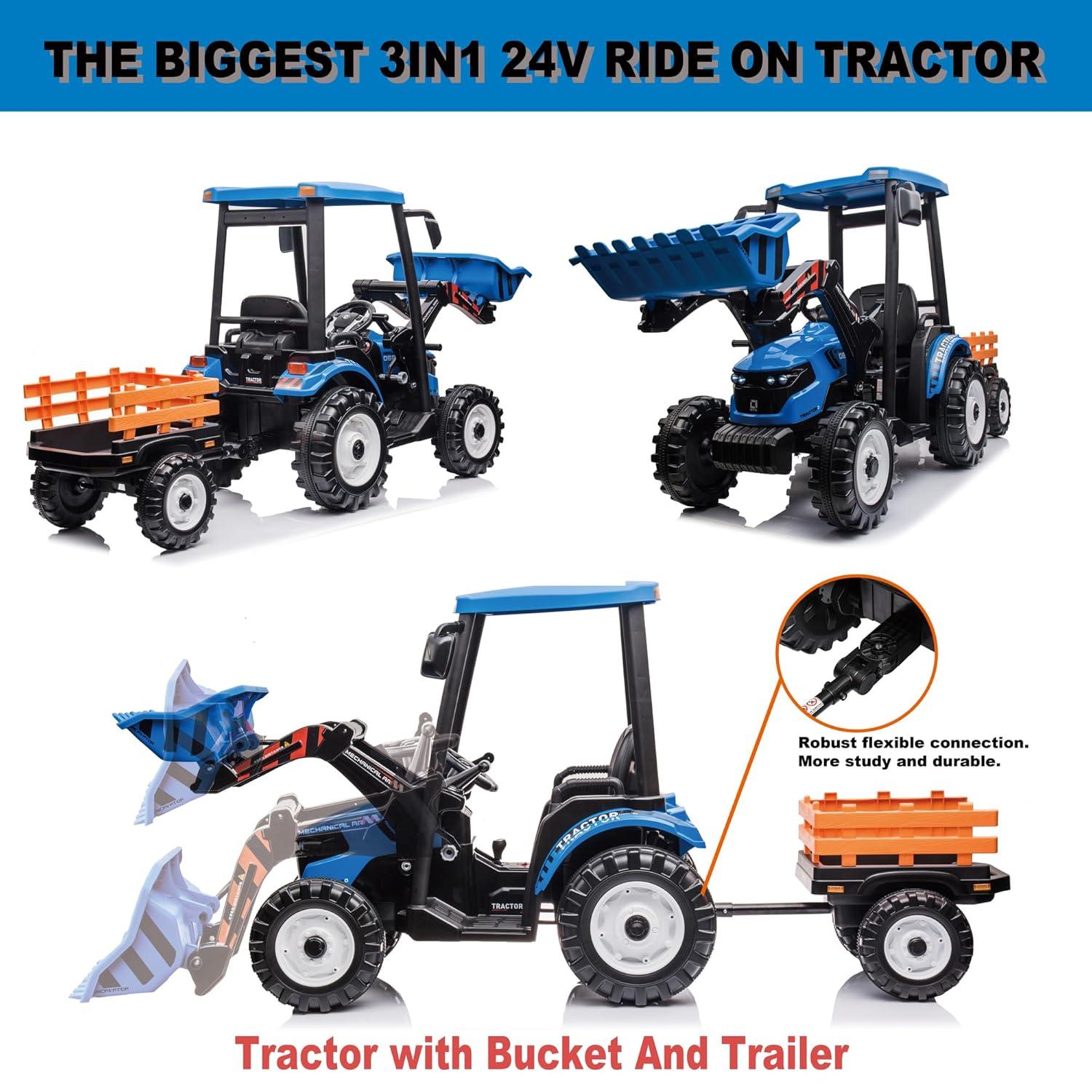 24V Kids Ride On Tractor w/Front Loader, Power Wheels 24V Ride on Toys for Boys Girls, Kids Ride on Excavator w/Dual Motor, Battery Powered Electric Riding Toys (Green Tractor with Front Loader)