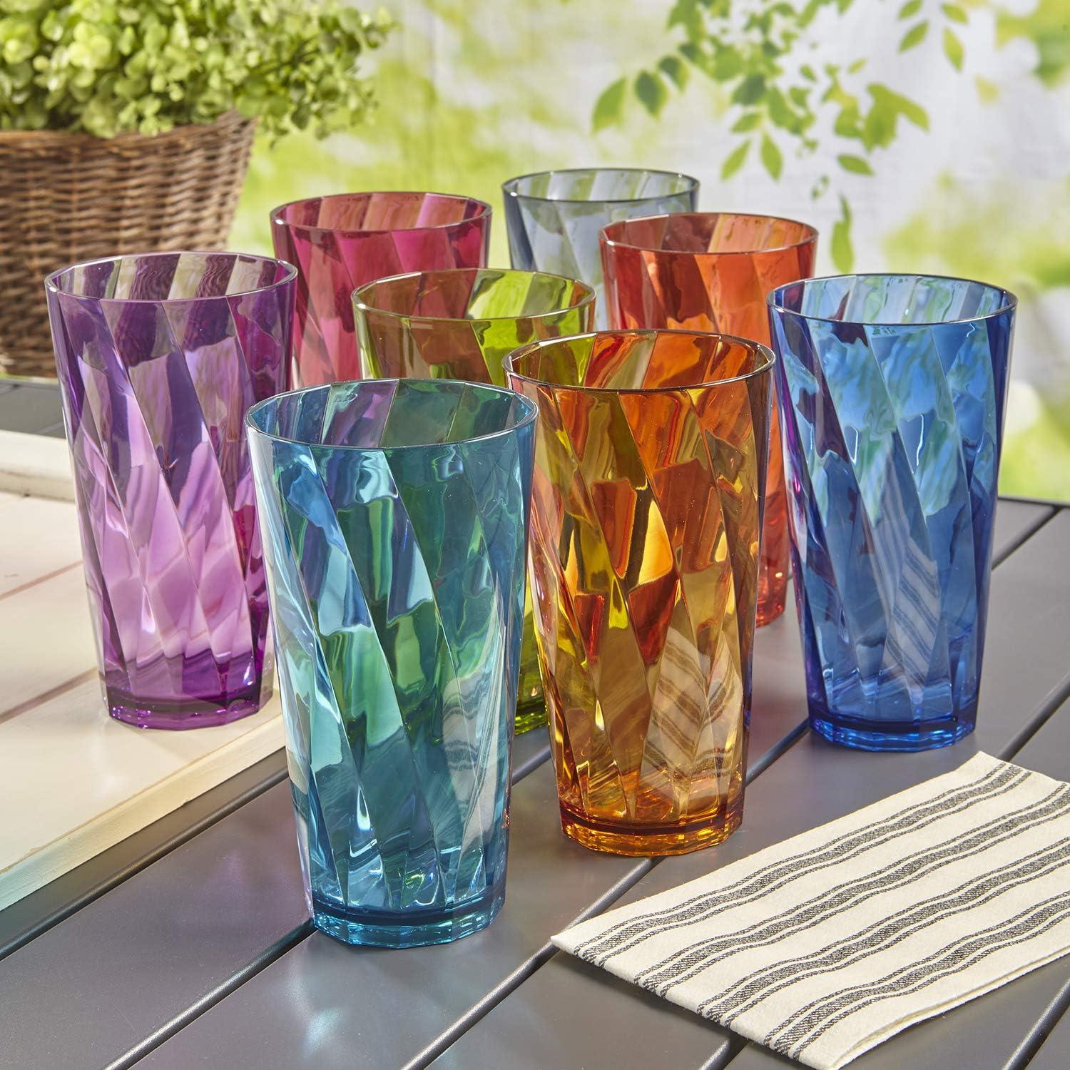 Jewel Tone Rainbow Plastic Drinking Glasses Set of 8, 20oz