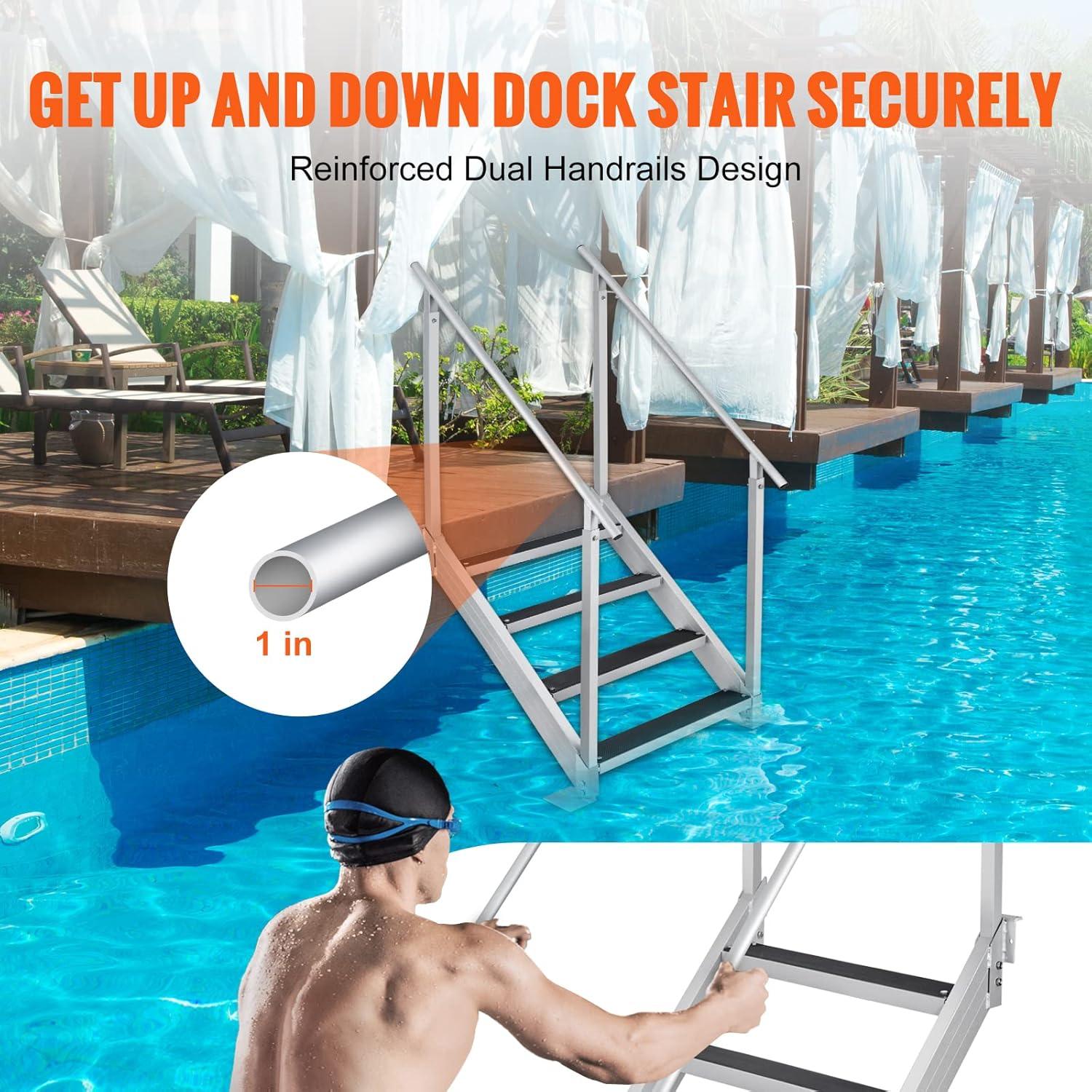 VEVOR Dock Stairs 4 Steps, 500lbs Load Pool Steps, Adjustable Height Aluminum Dock Ladders, Pontoon Boat Ladder with Handrails & Widen Nonslip Pedals for Lake/Pool/Marine Boarding/RV/House