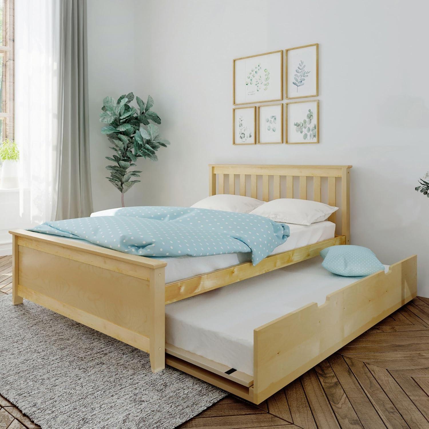 Natural Wood Full-Size Platform Bed with Trundle and Headboard