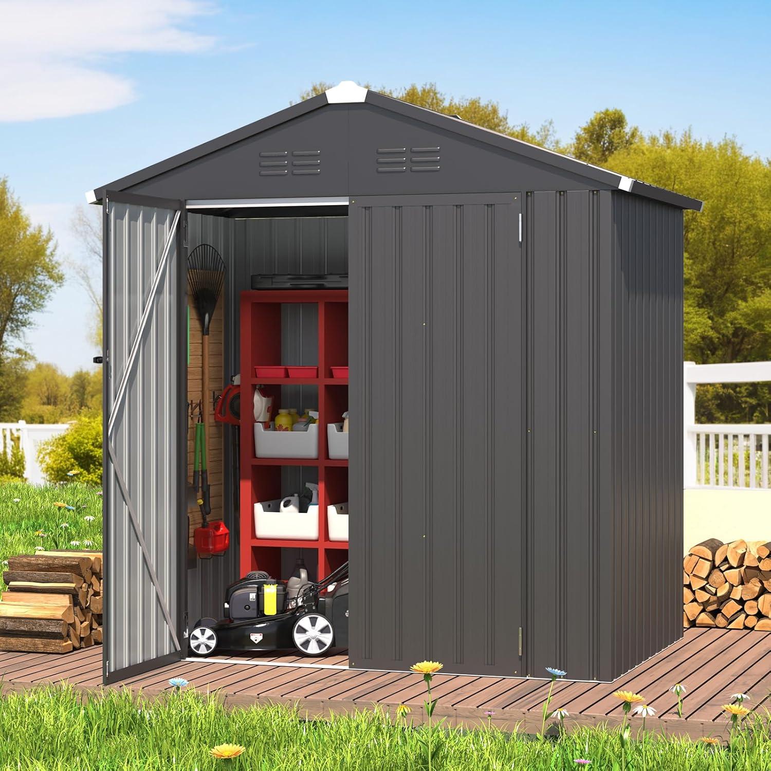 AECOJOY 12' x 10' Outdoor Storage Shed with Lockable Door Patio Metal Garden Storage Building in Dark Gray for Outside