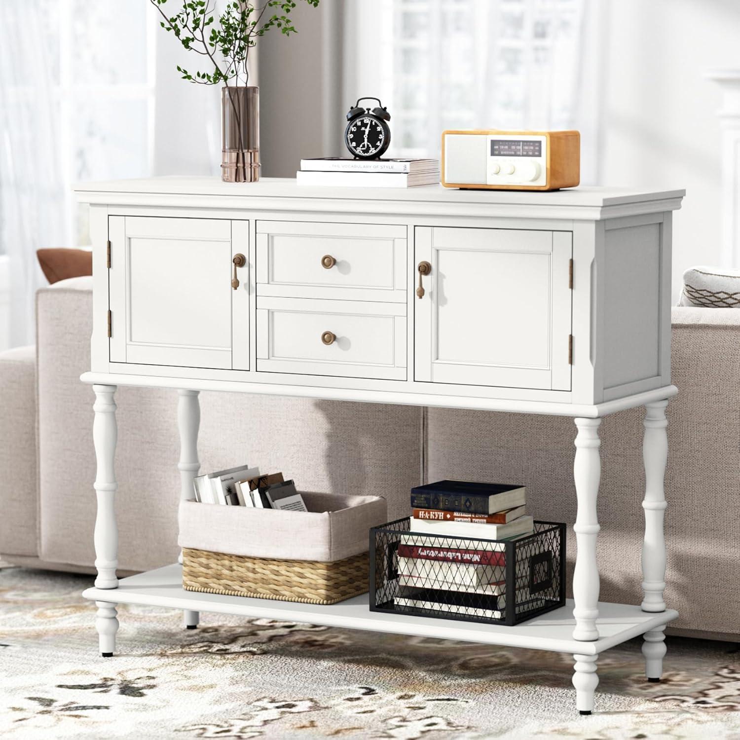 Antique White Wood Console Table with Glass Doors and Storage