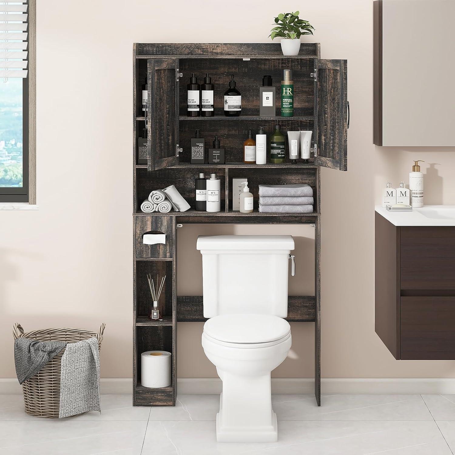 Over The Toilet Storage Cabinet, with 2 Barn Doors & Toilet Paper Holder Stand