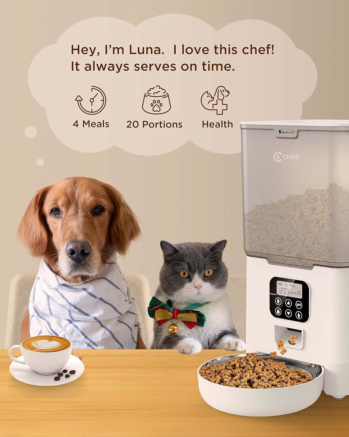 Ciays Automatic Cat Feeder, 5.6L, Control 4 Meals Per Day, Pet Dry Food Dispenser, Dual Power Supply & Voice Recorder, White C48