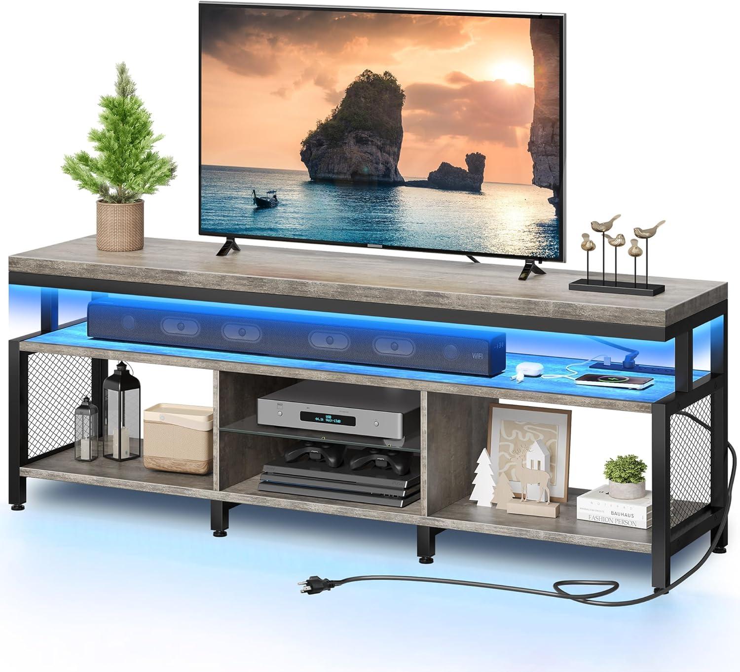 YITAHOME LED Television Stands w/Power Outlets for 70/65 inch, Modern Industrial TV Stand, Entertainment Center w/Open Storage TV Table, Entertainment Center for 360lbs for Living Room, Gray