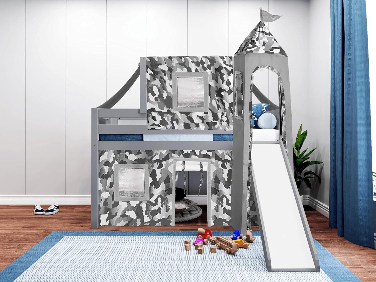 JACKPOT Solid Wood Prince & Princess Low Loft Twin Bed in Gray/Gray Camo