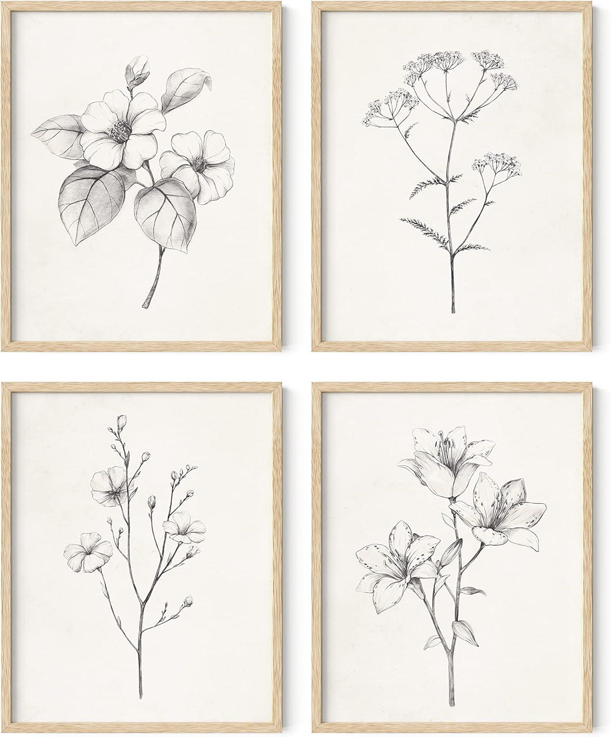 HAUS AND HUES Grey Floral Wall Art - Set of 4 Plant Posters for Wall Vintage, Botanical Prints, Black and White Flower Pictures for Room Aesthetic, Farmhouse Bathroom, Rustic Art (Beige Frame, 11x14)