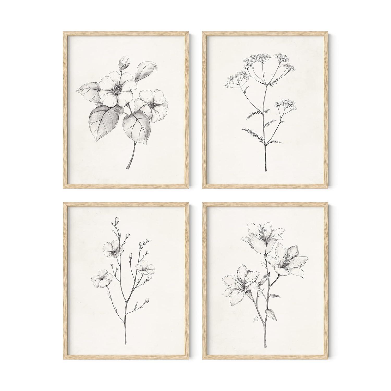HAUS AND HUES Grey Floral Wall Art - Set of 4 Plant Posters for Wall Vintage, Botanical Prints, Black and White Flower Pictures for Room Aesthetic, Farmhouse Bathroom, Rustic Art (Beige Frame, 11x14)