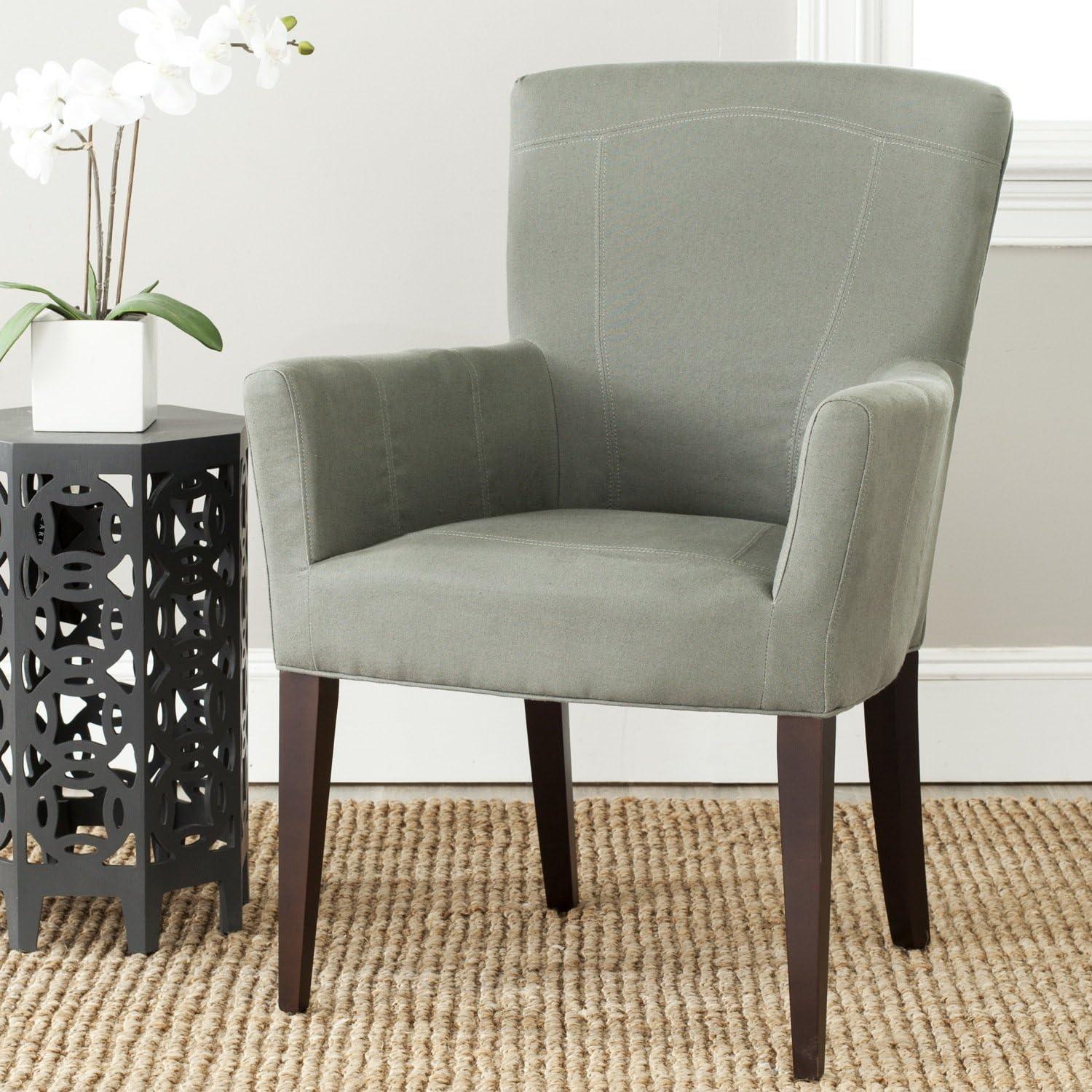 Seamist Gray Leather and Wood Transitional Accent Chair