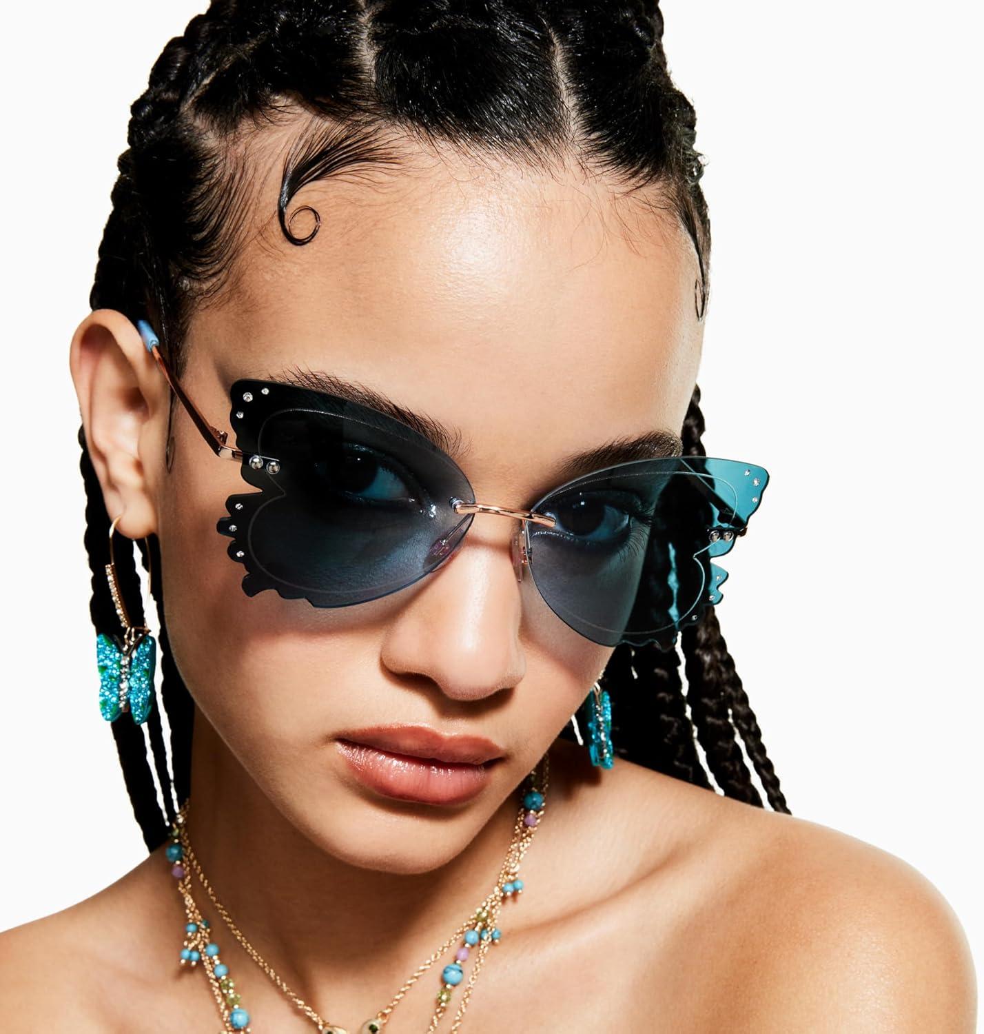 Blue Butterfly Metal Frame Sunglasses with Gradient Lenses