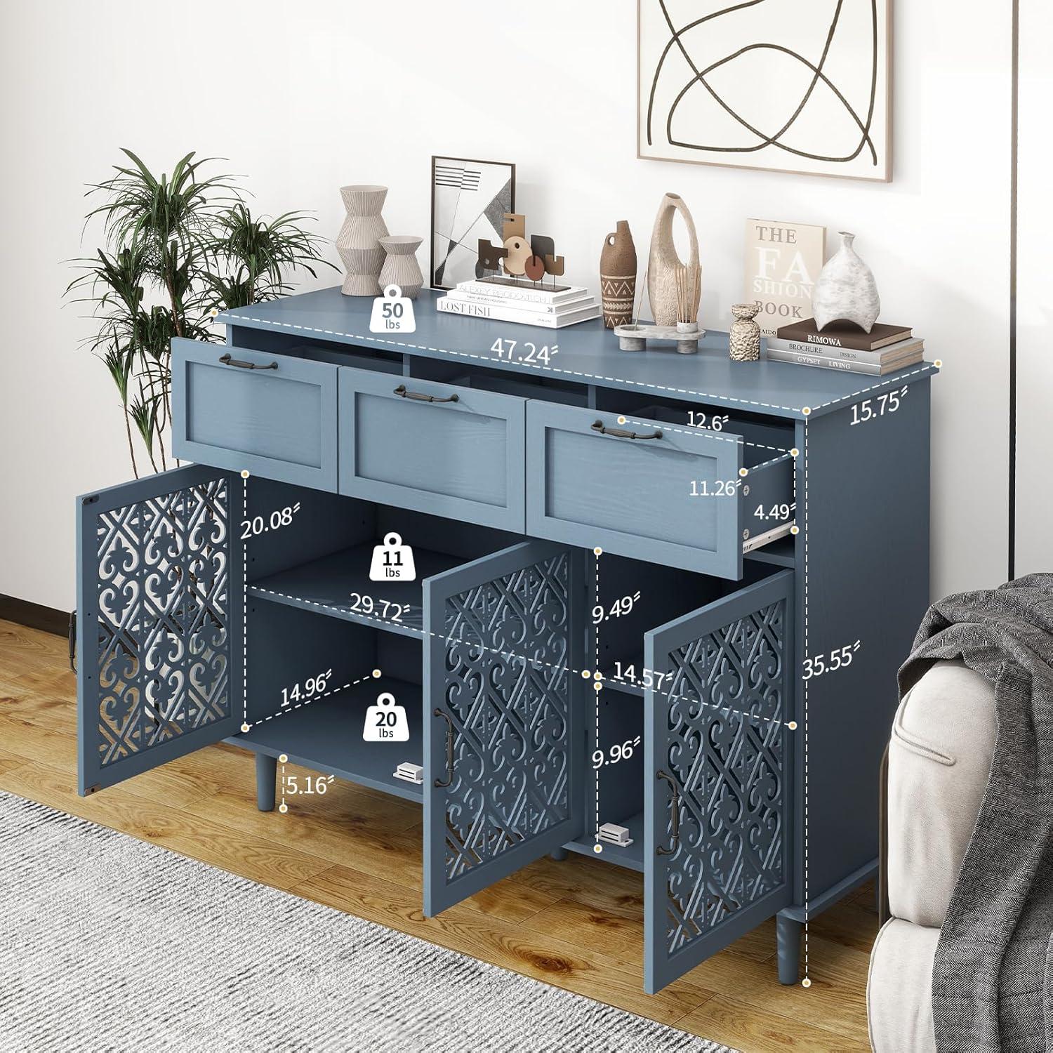 Lunale 47.24" Retro Hollow-Carved 3 Door 3 Drawer Cabinet, Storage Sideboard Buffet Accent Cabinet for Living Room, Lake Blue