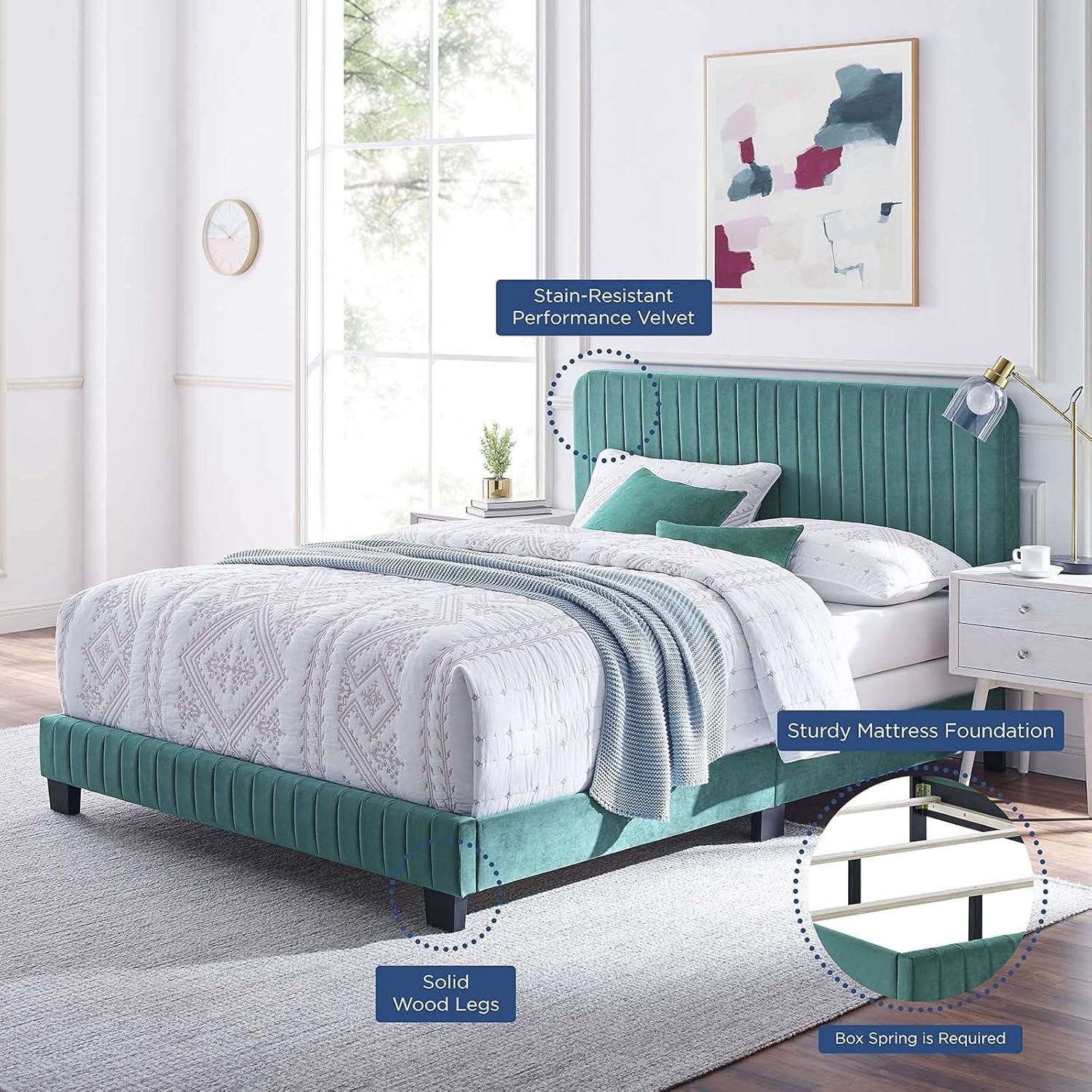 Modway Celine Channel Tufted Performance Velvet King Bed in Teal Green