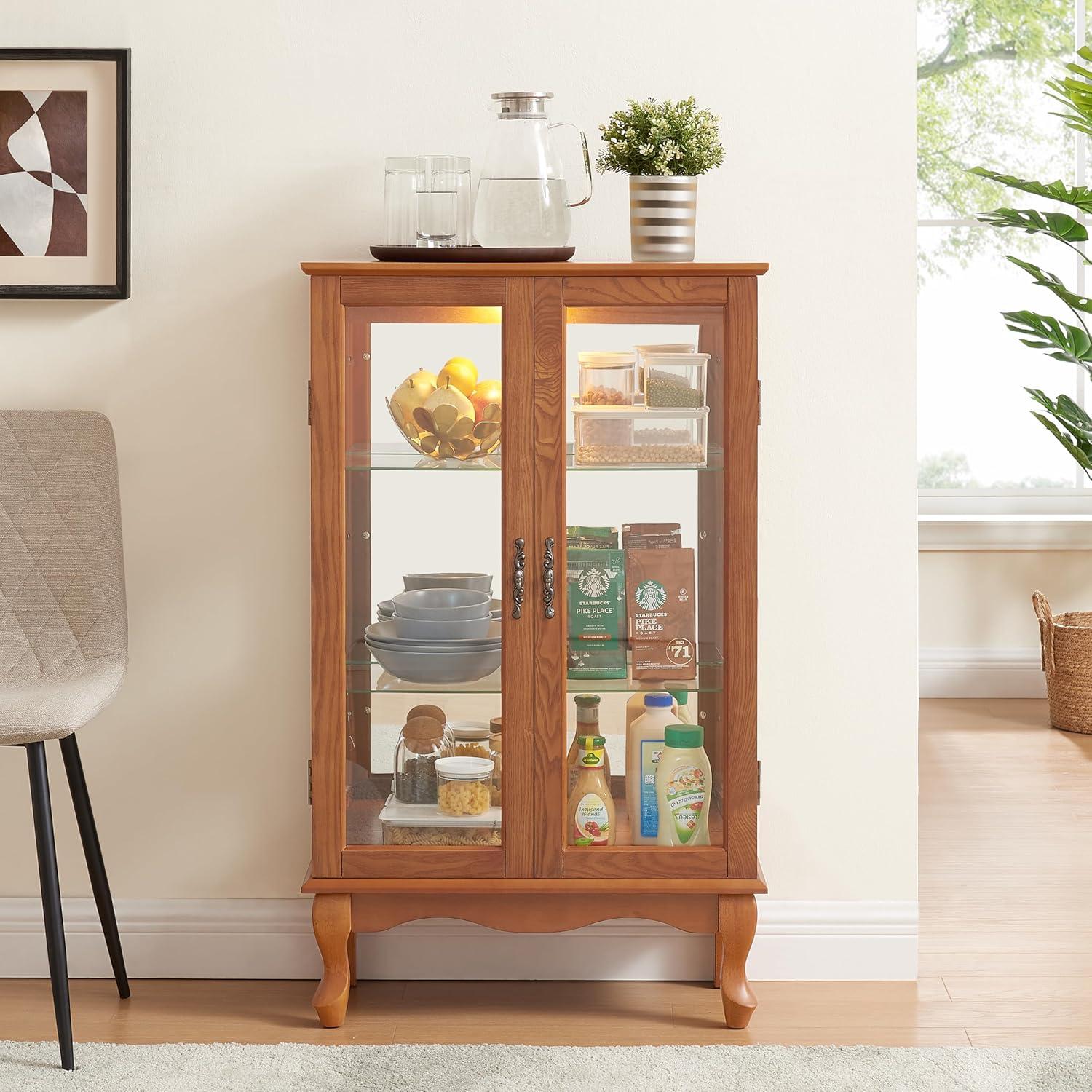 Oak Curio Cabinet with Glass Doors and Adjustable Shelves