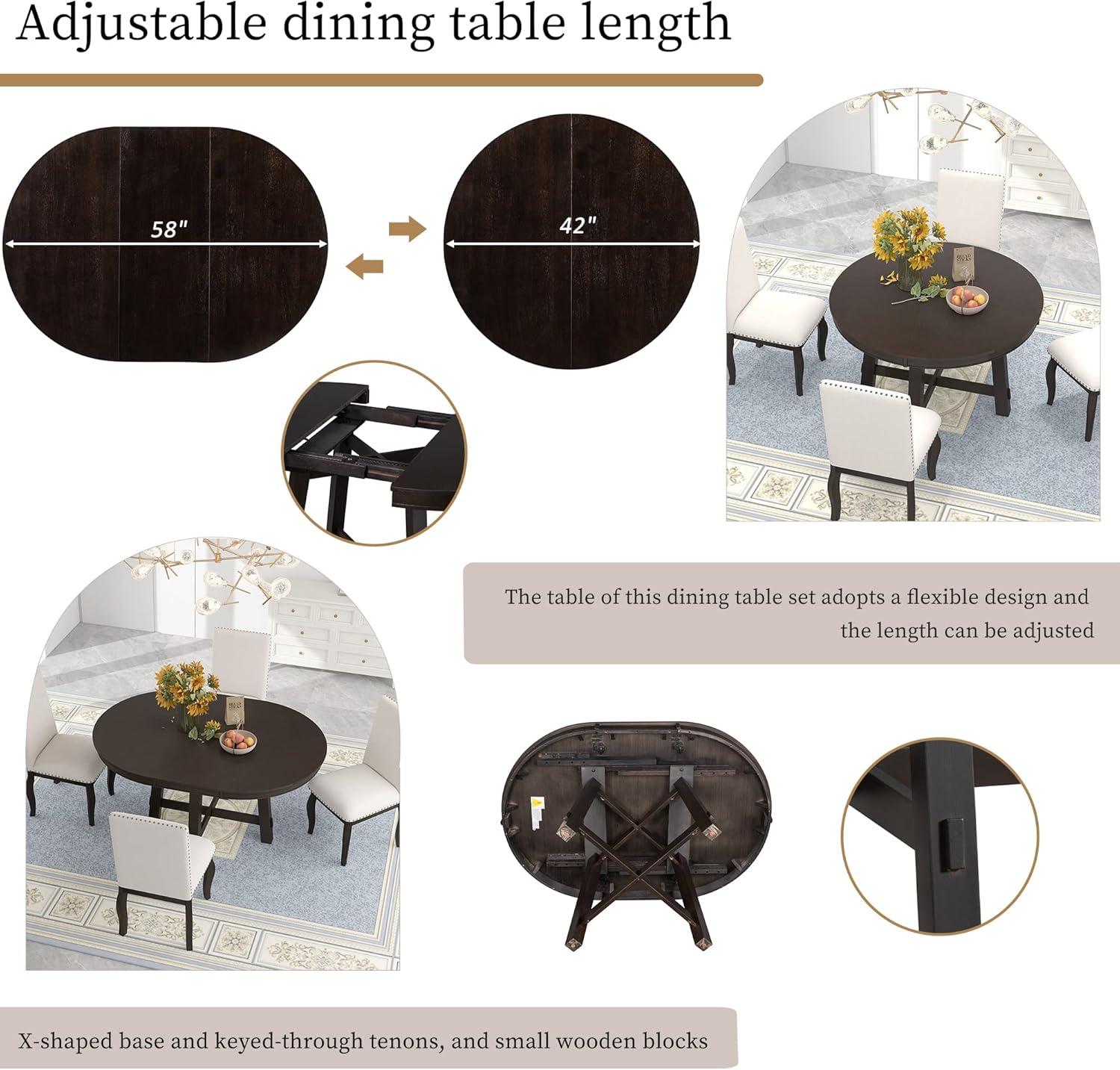 LUMISOL 42"-58" Round Extendable Dining Table, Solid Wood Dining Table with 16" Leaf, Farmhouse Round Kitchen Table with Solid Wood Frame for 4-6, Espresso