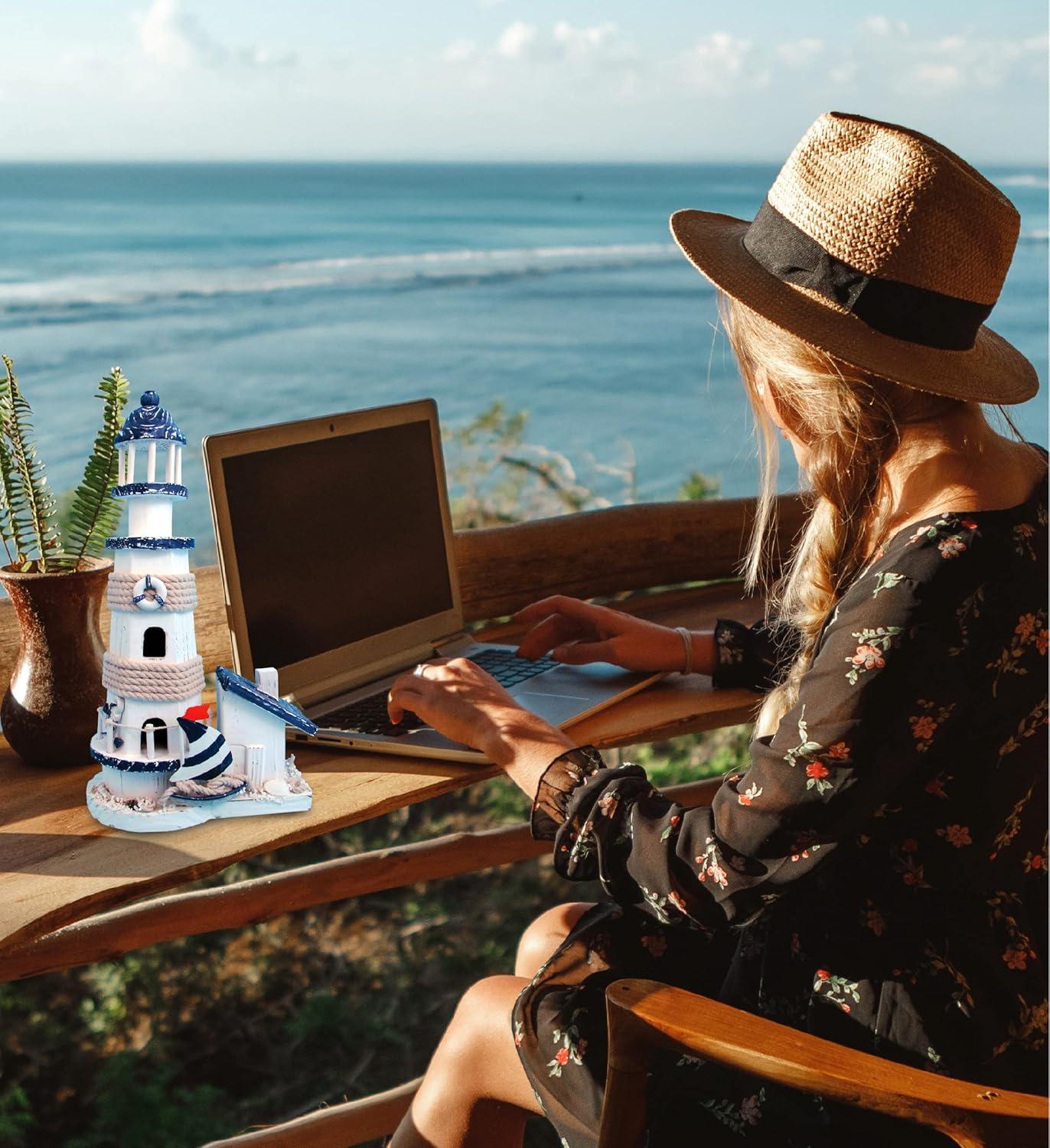 CoTa Global Ocean Blue Lighthouse Decor - Handmade and Crafted Wooden Lighthouse Decoration with Sailboat Figure Decorative Beach Style Tabletop Centerpiece, Nautical Themed Home Decor – 13.5 Inch