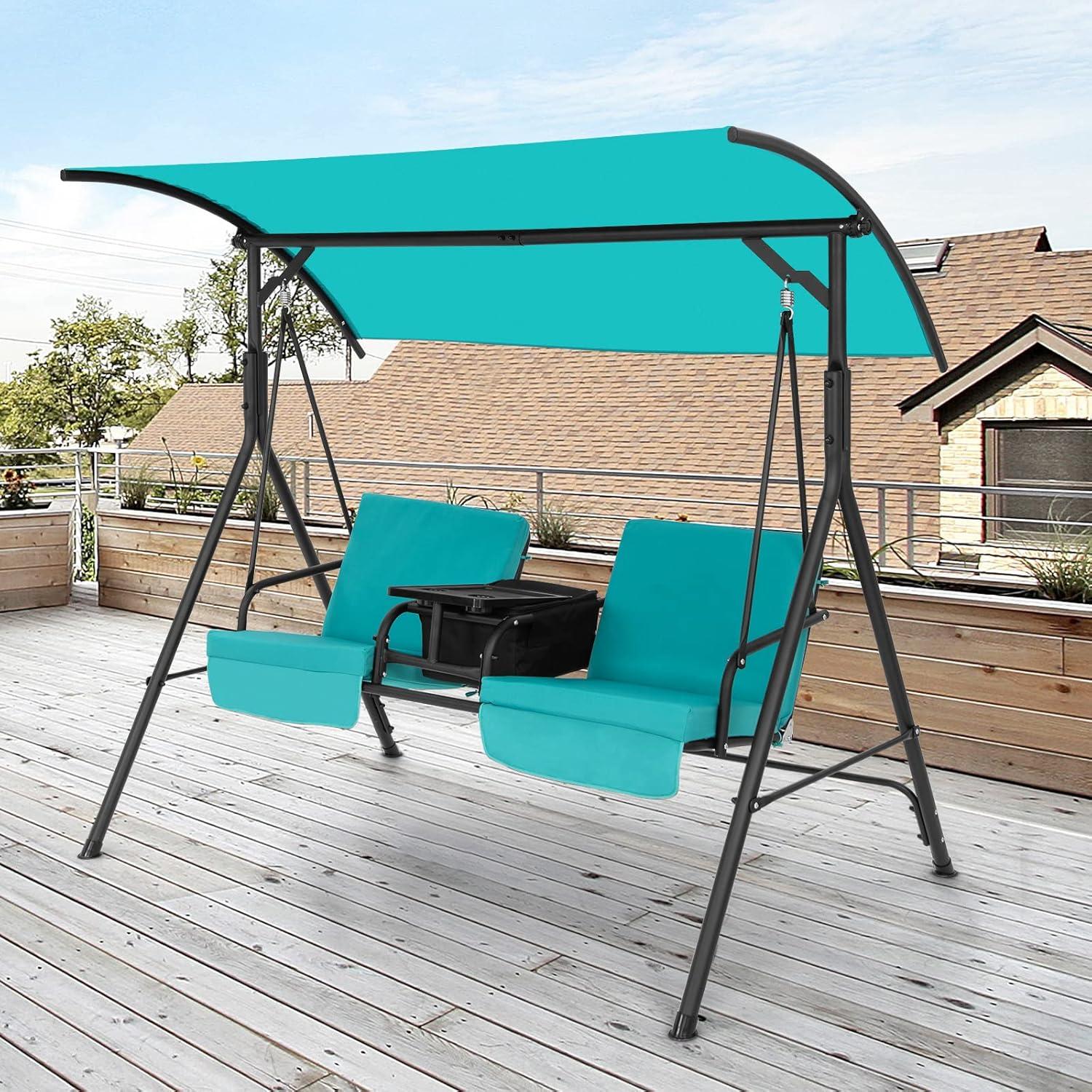 Resenkos Porch Swing, Porch Swing Chair with Adjustable Canopy-Turquoise, Hanging Outdoor Porch Swings for Garden, Backyard