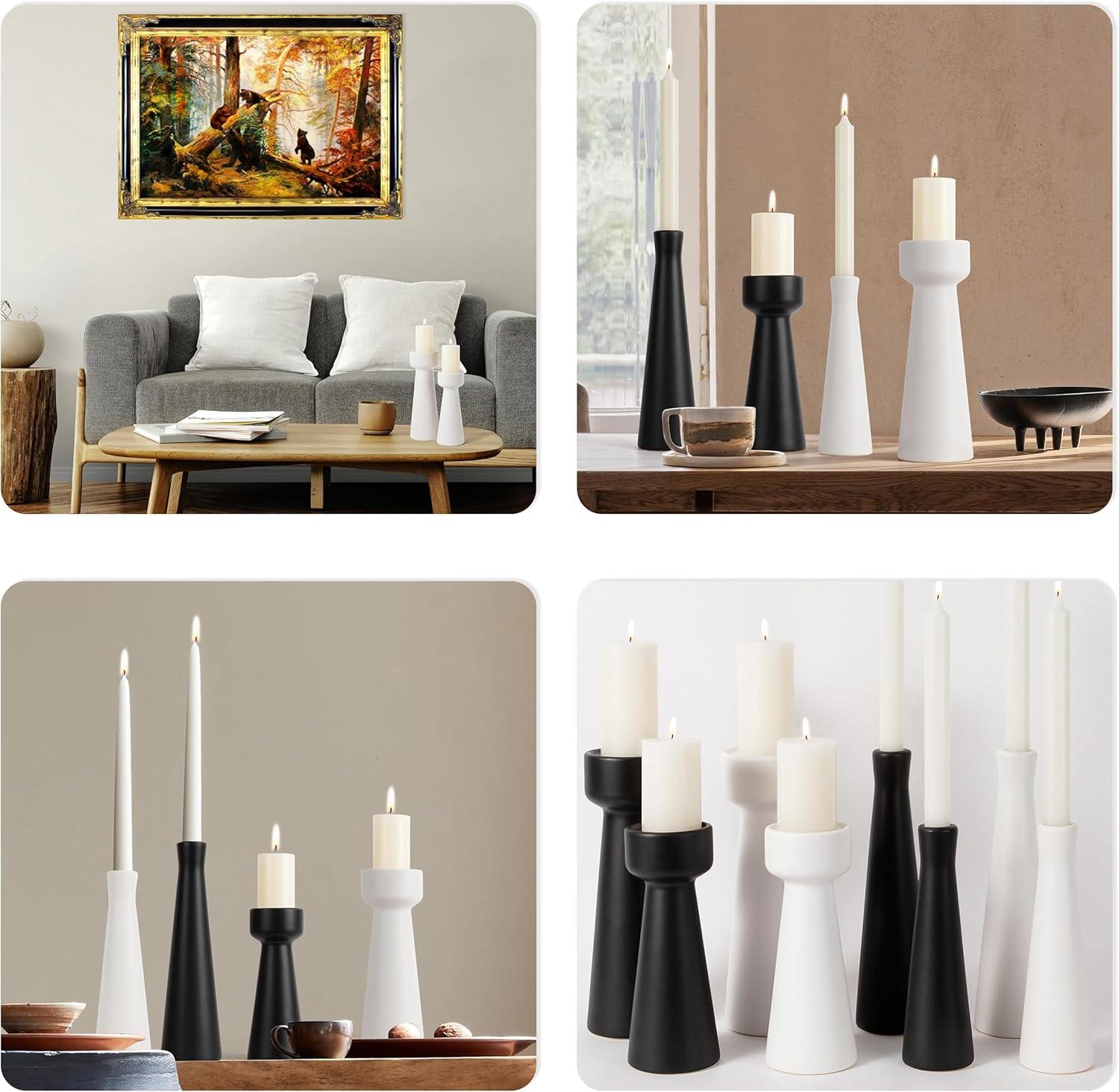 Hokku Designs Candle Holders Ceramic White Taper S&L Set Of 2 Matte Stylish Decorative Candlestick Holders