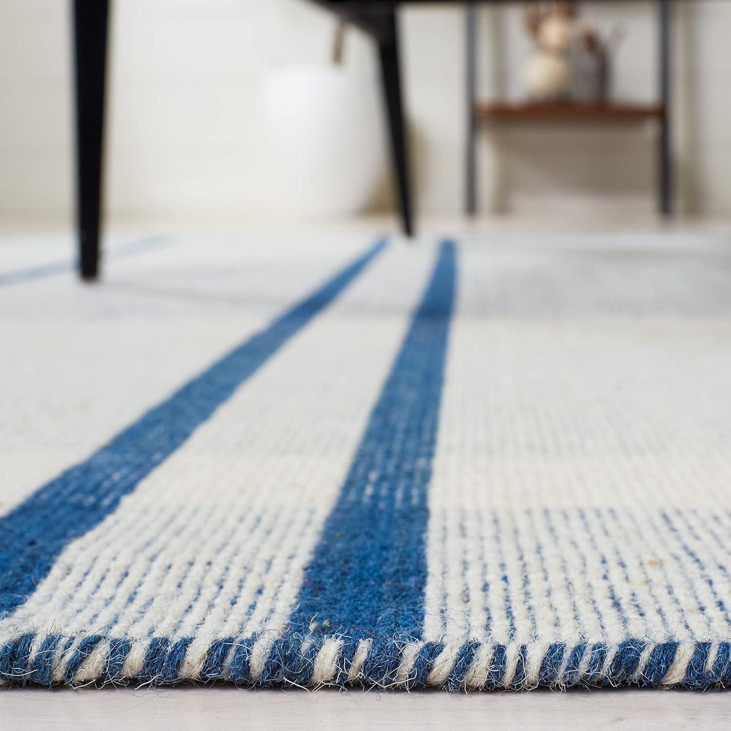 Coastal Charm Hand-Woven Blue Stripe Wool Area Rug 6' x 9'