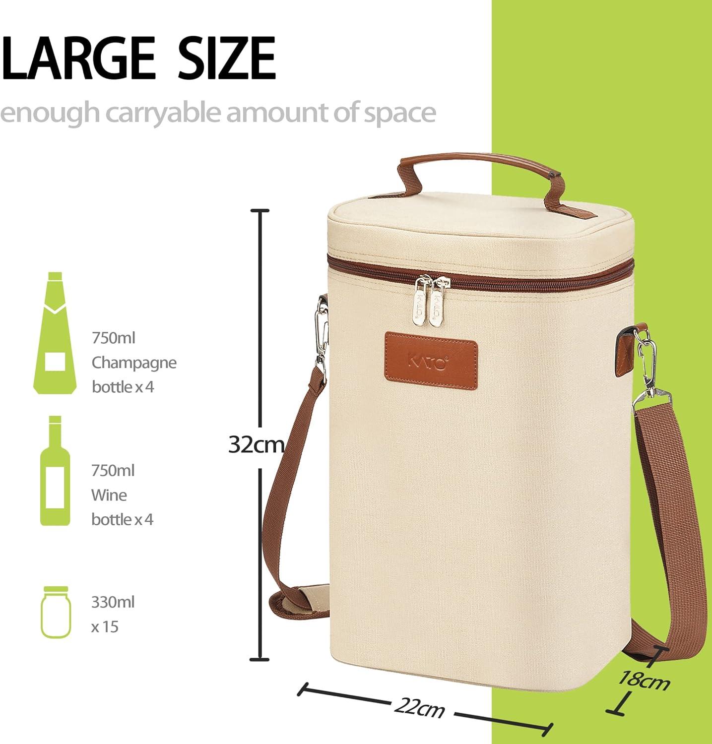 Beige 4-Bottle Insulated Canvas Wine Carrier Tote