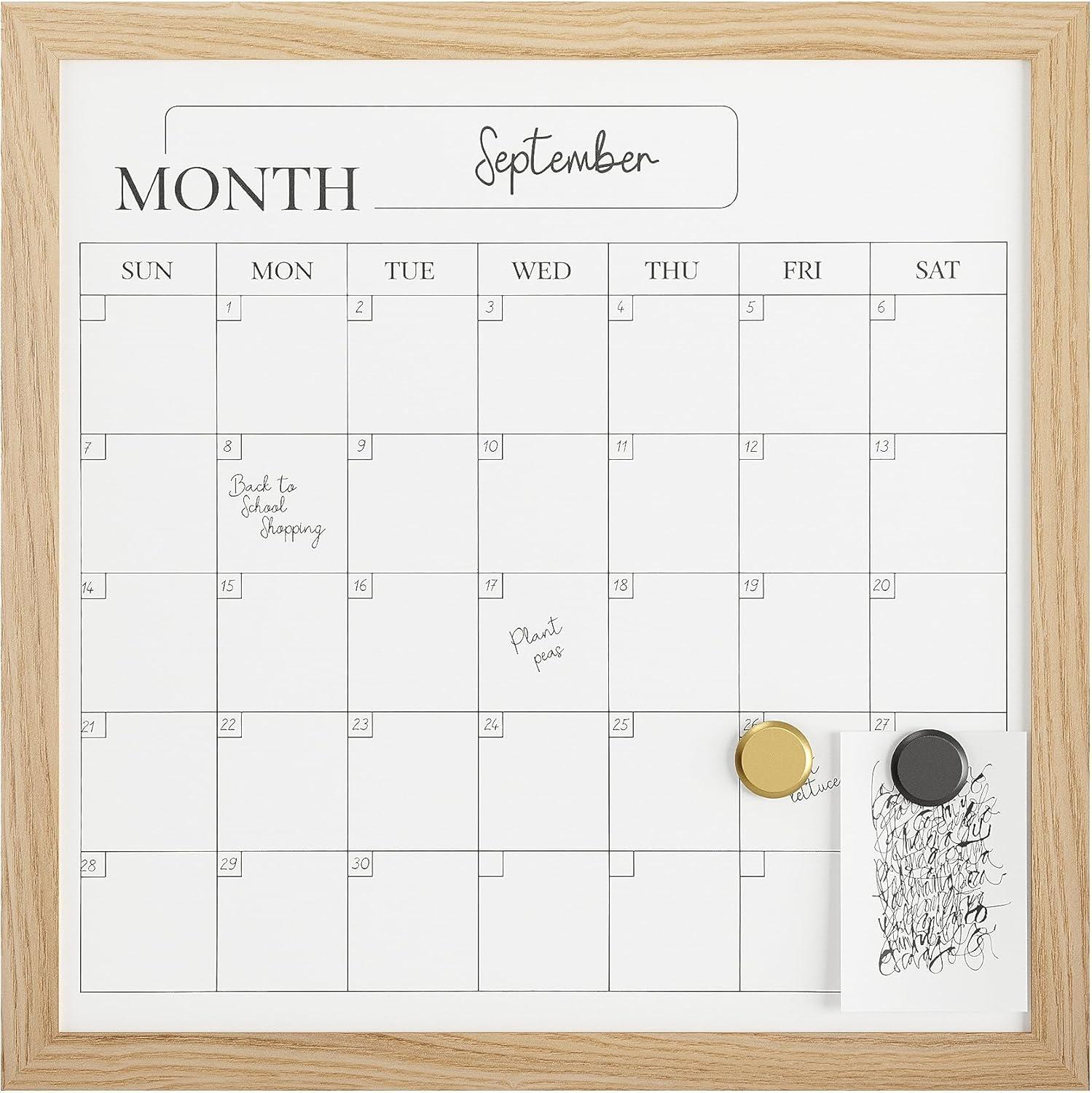 Martha Stewart Everette 18" x 18" Magnetic Monthly Calendar Dry Erase Board with Light Natural Woodgrain Frame, Included Dry Erase Marker and 2 Magnets