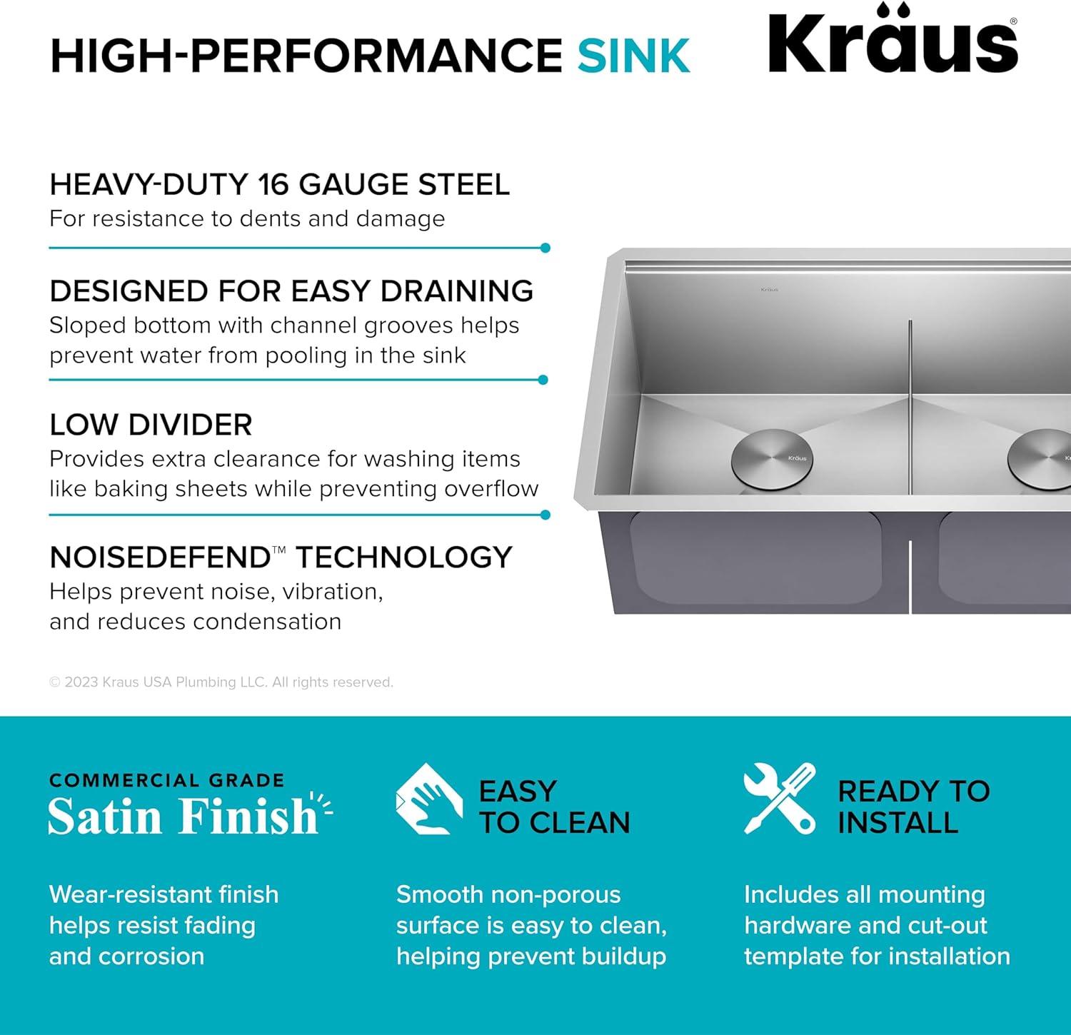 KRAUS Kore™ Workstation 33-inch L Undermount 16 Gauge Double Bowl Stainless Steel Kitchen Sink with Accessories