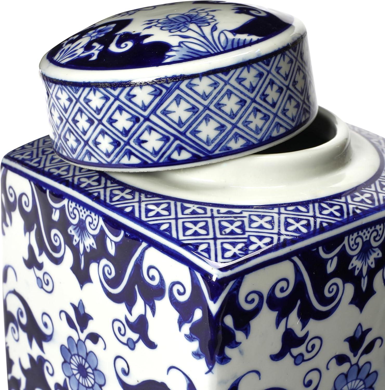 Blue and White Floral Ceramic Ginger Jar with Lid