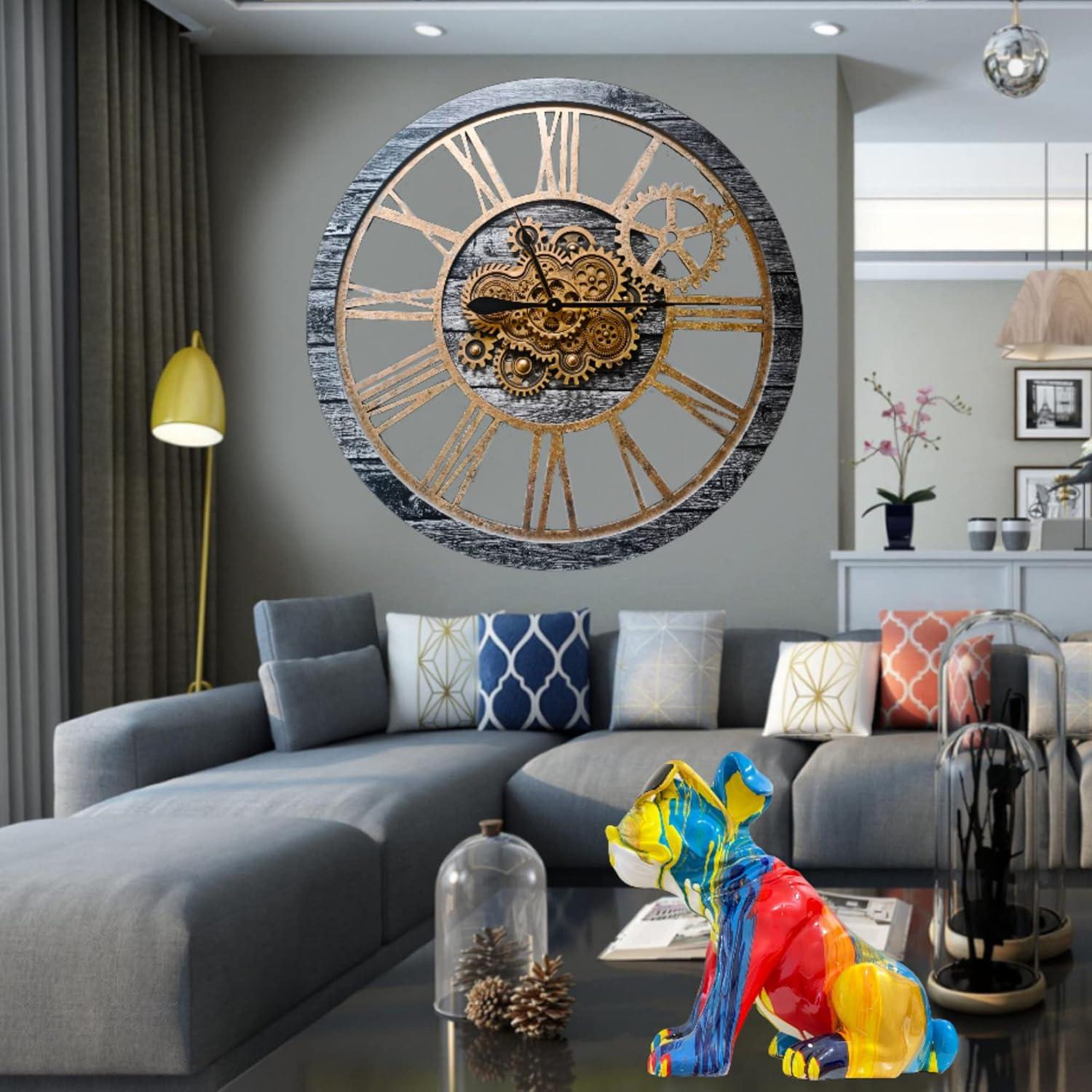 The Gears Clock Wall Clock 36" Round Oversized for Living Room decor with Real Moving Gears America Collection