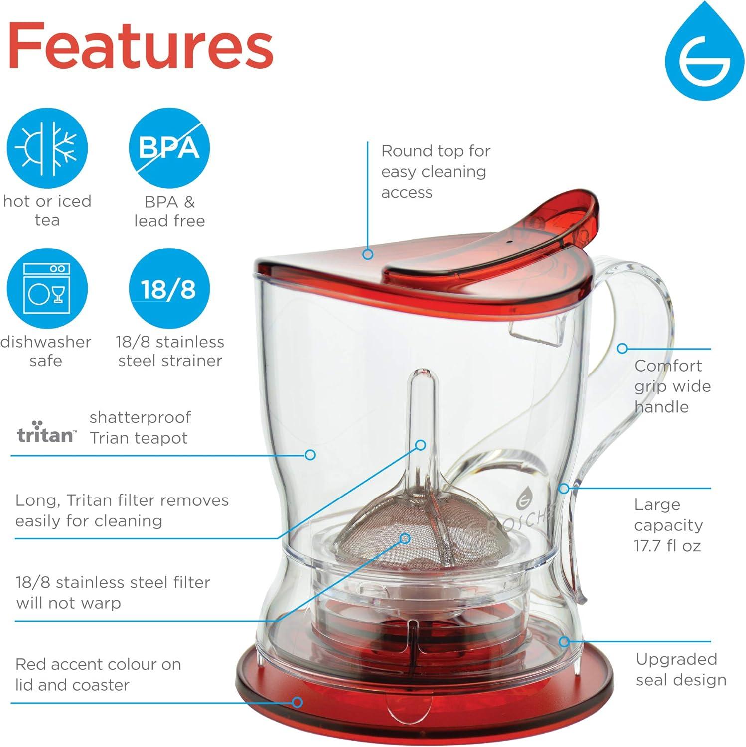 GROSCHE ABERDEEN Smart Tea Maker and Tea Steeper, Red, 17.7 fl oz. Bottom Dispensing Tea Pot