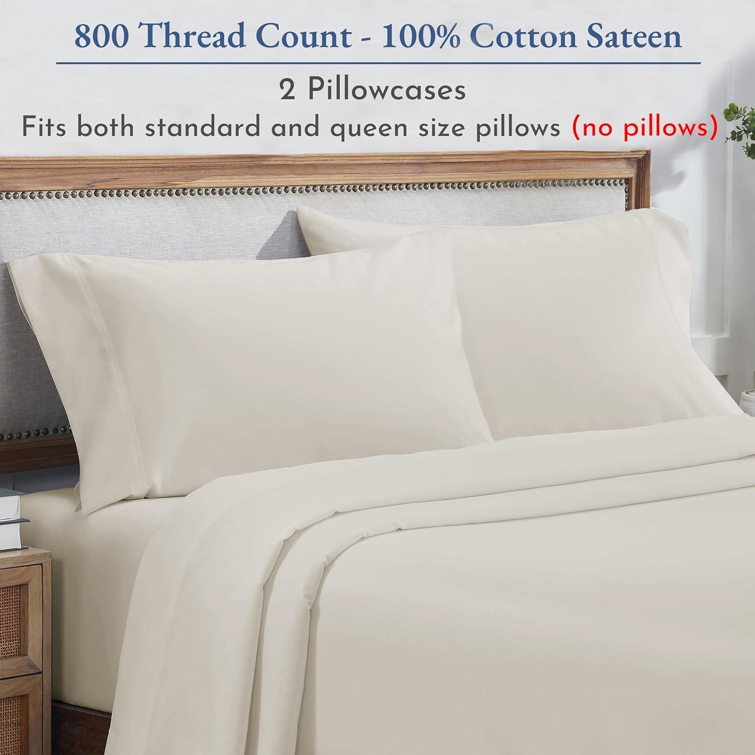 Luxury Pillowcase Set - 800 Thread Count 100% Cotton Sateen, Soft & Cooling Pillowcases by California Design Den - Ivory, Standard/Queen Pillowcases