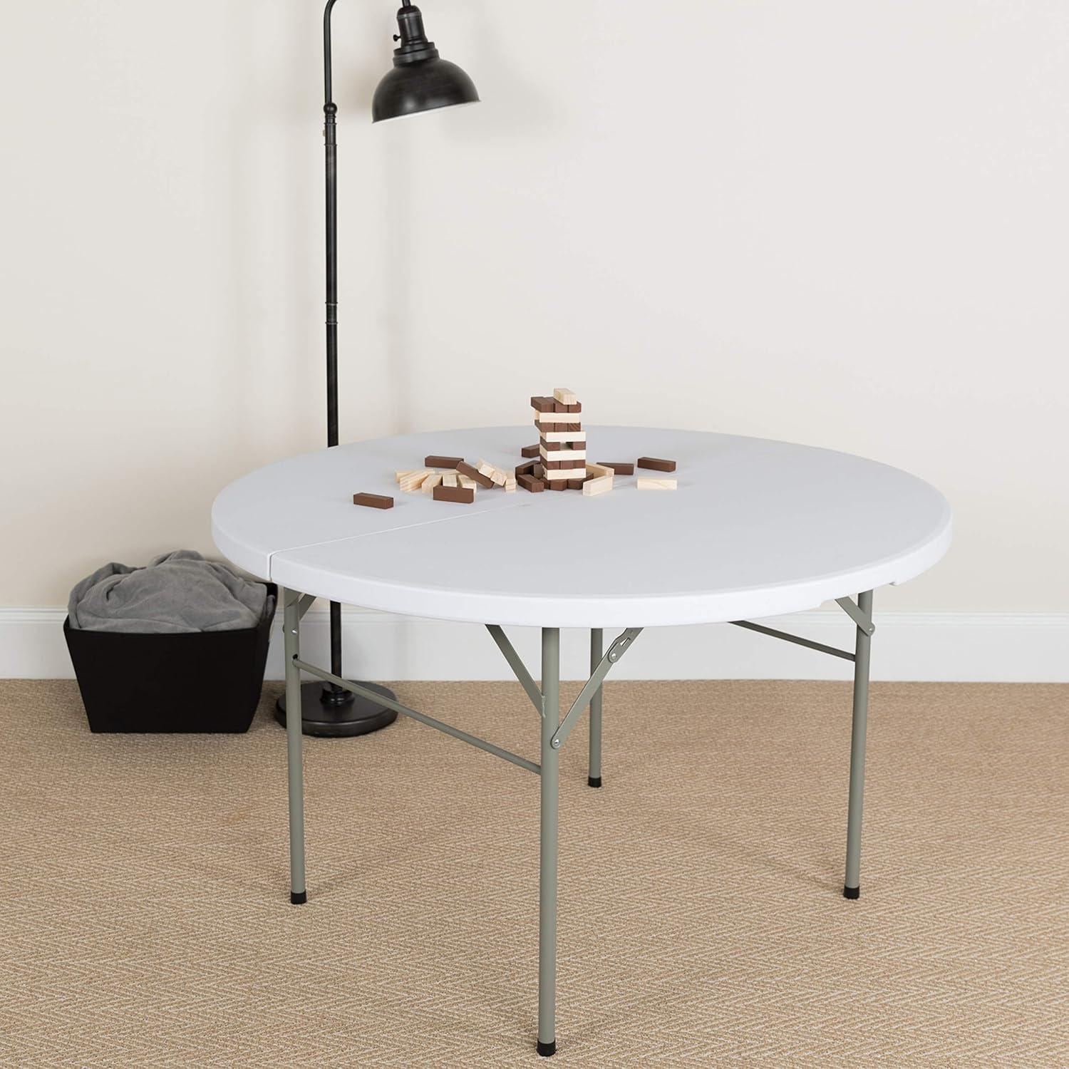 Emma and Oliver 4-Foot Round Bi-Fold Granite White Plastic Event Folding Table with Handle