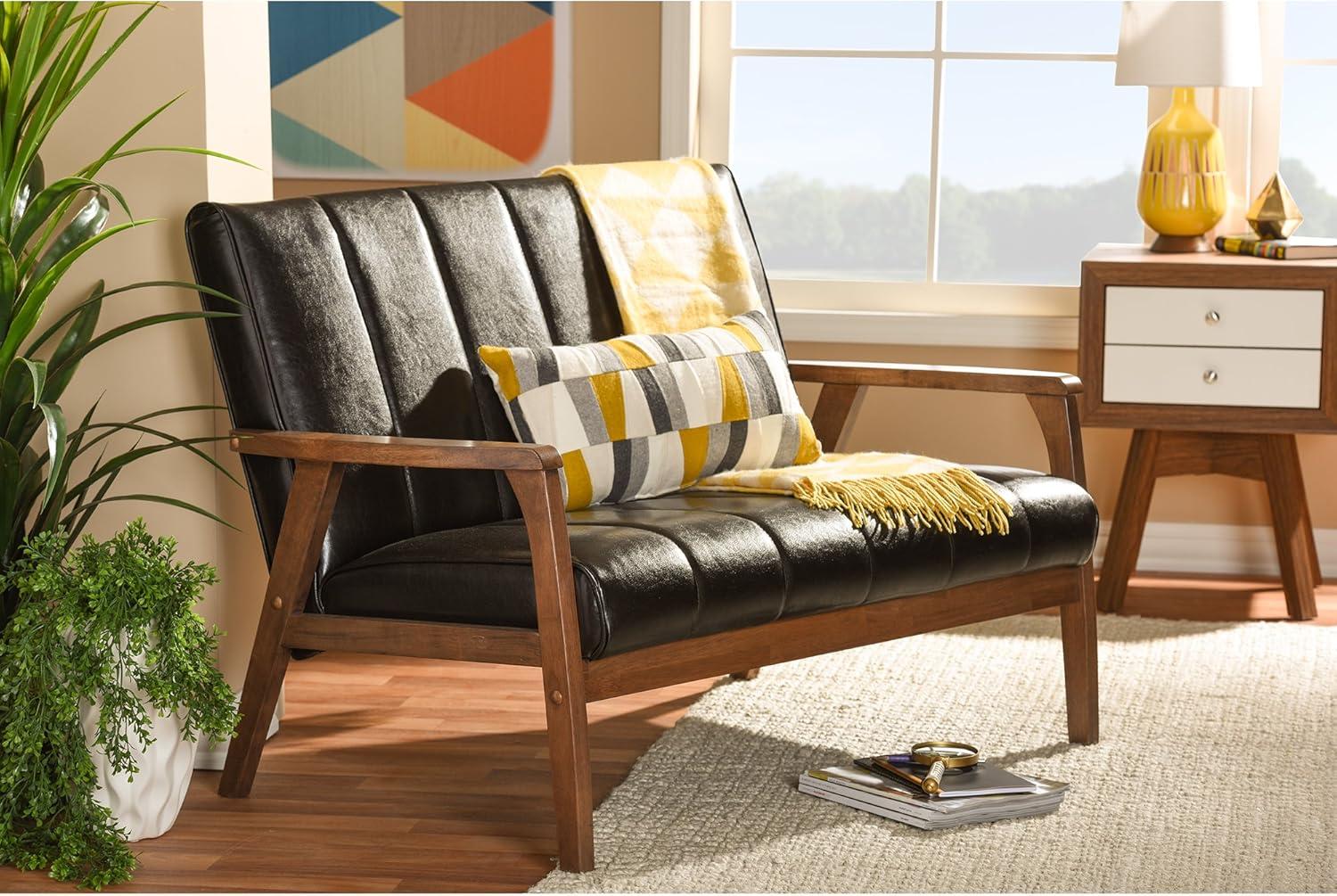 Nikko Mid-Century Modern Scandinavian Style Faux Leather Wooden 2 Seater Loveseat Dark Brown - Baxton Studio: Compact, Rubberwood Frame, Easy to Clean