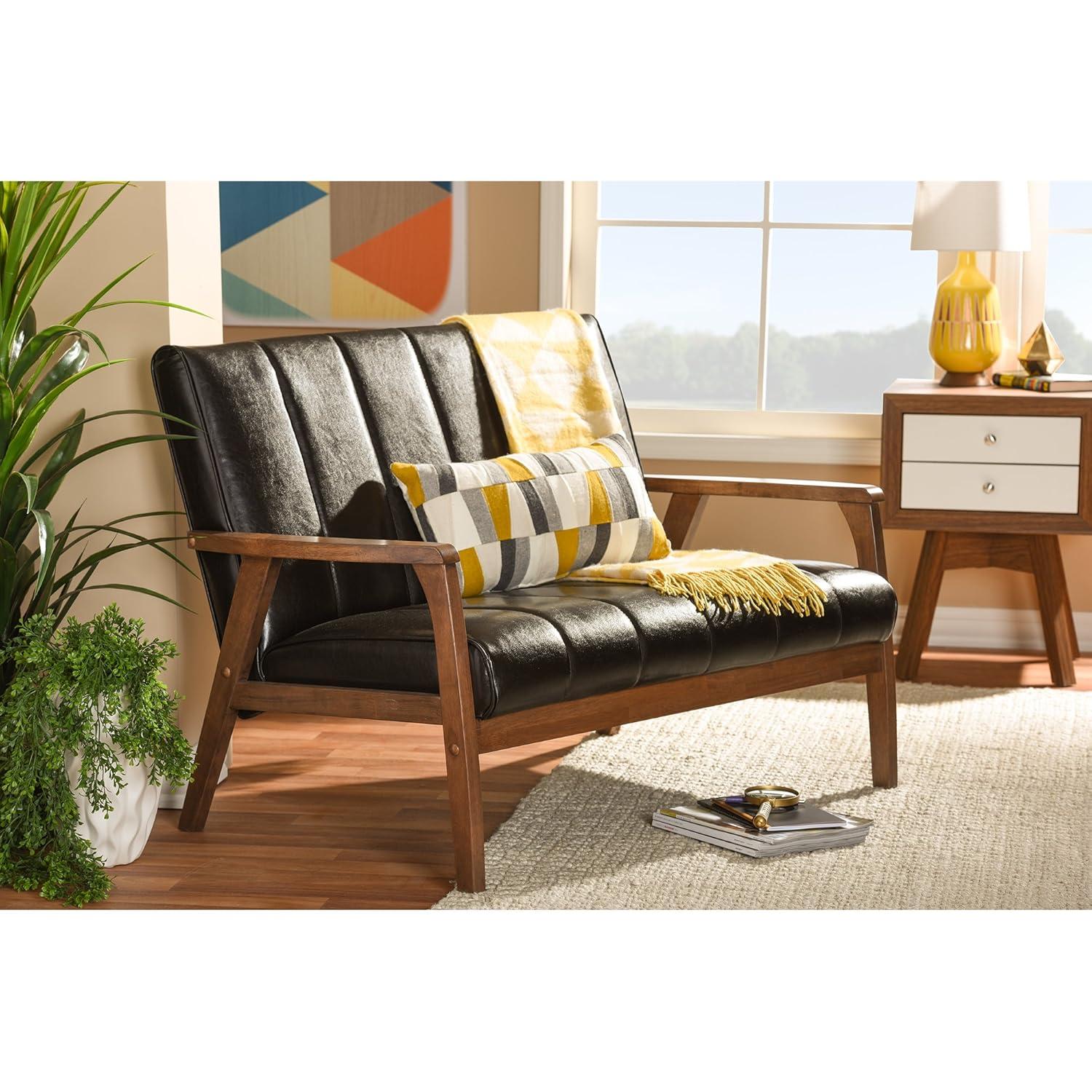 Nikko Mid-Century Modern Scandinavian Style Faux Leather Wooden 2 Seater Loveseat Dark Brown - Baxton Studio: Compact, Rubberwood Frame, Easy to Clean
