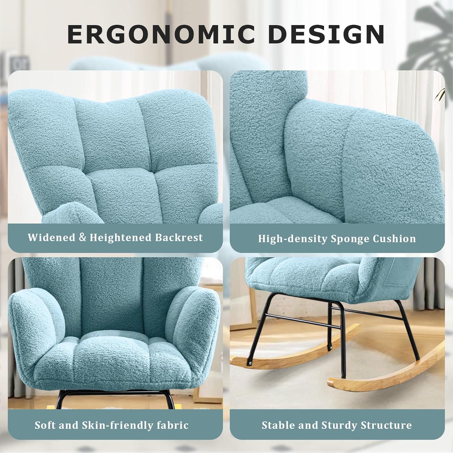 Nursery Rocking Chair Teddy, Upholstered Glider Rocker with High Backrest, Comfortable Stylish Accent Armchair with Padded Seat for Living Rooms, Bedrooms, Offices