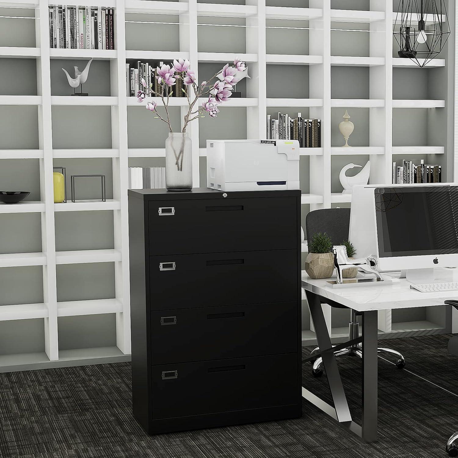 Black Steel 4-Drawer Lockable Lateral Filing Cabinet