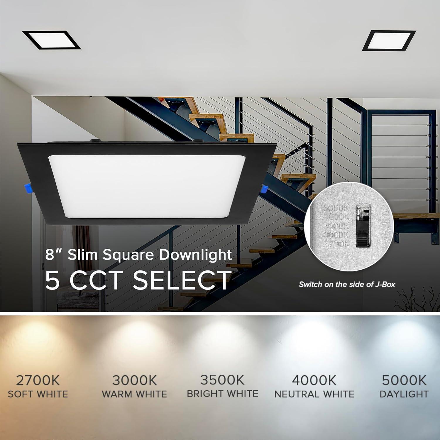 Maxxima 8 in. 5CCT Square Recessed LED Downlight, 1400 Lumens Slim Flat Panel Color Selectable 2700K/3000K/3500K/4000K/5000K, Dimmable, Canless IC Rated, Black Trim, J-Box Included