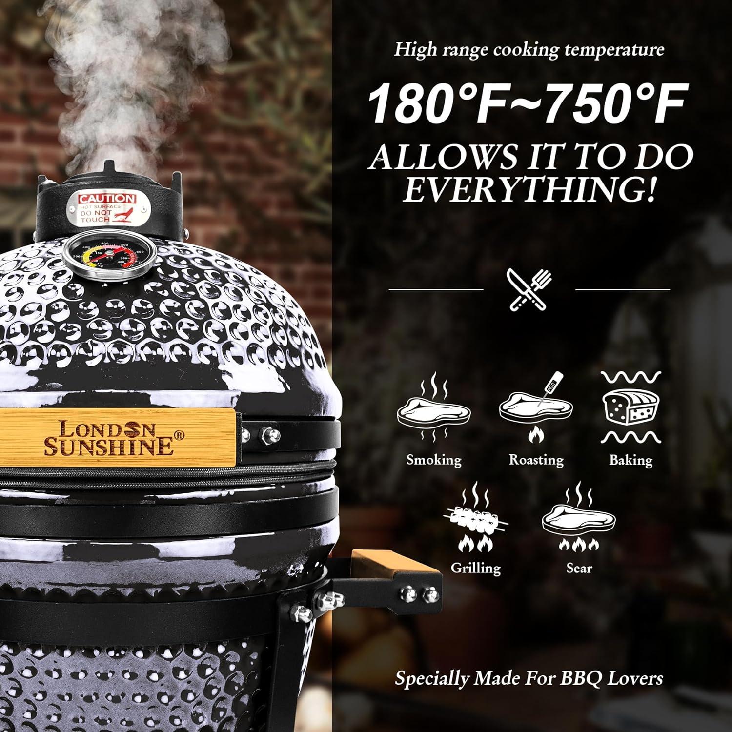 Ceramic BBQ Charcoal Kamado Grill 13 inch Portable Tabletop BBQ Grill with Stainless Steel Grates Black, Black